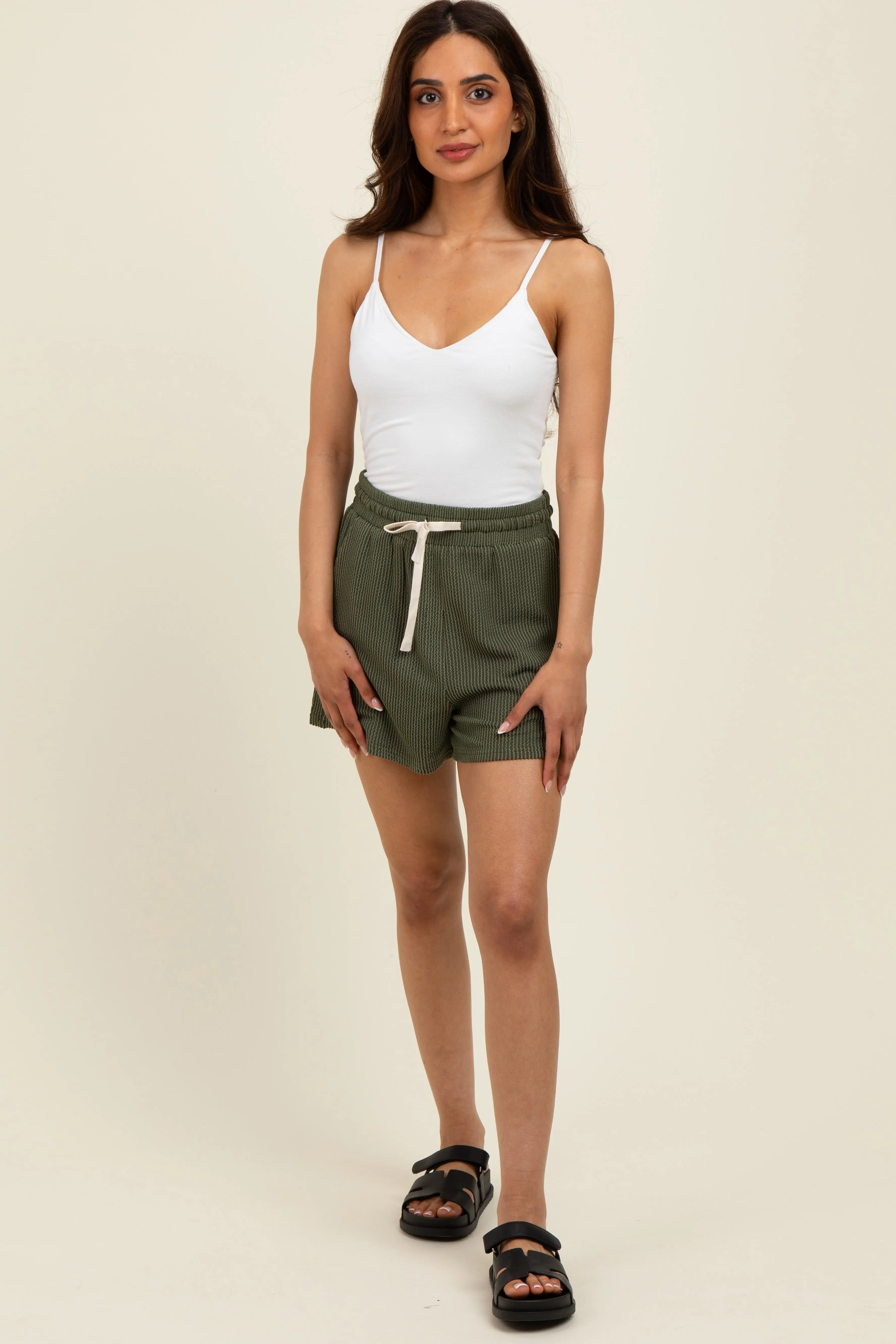 Olive Ribbed Texture Drawstring Shorts sold by Pinkblush product image thumbnail 2