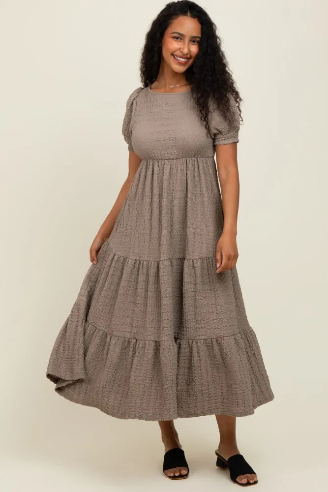 Taupe Solid Textured Tiered Shirt Sleeve Maternity Maxi Dress sold by Pinkblush product image thumbnail 3