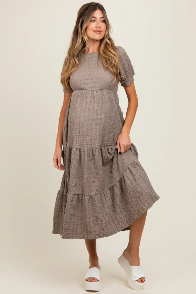 Taupe Solid Textured Tiered Shirt Sleeve Maternity Maxi Dress sold by Pinkblush