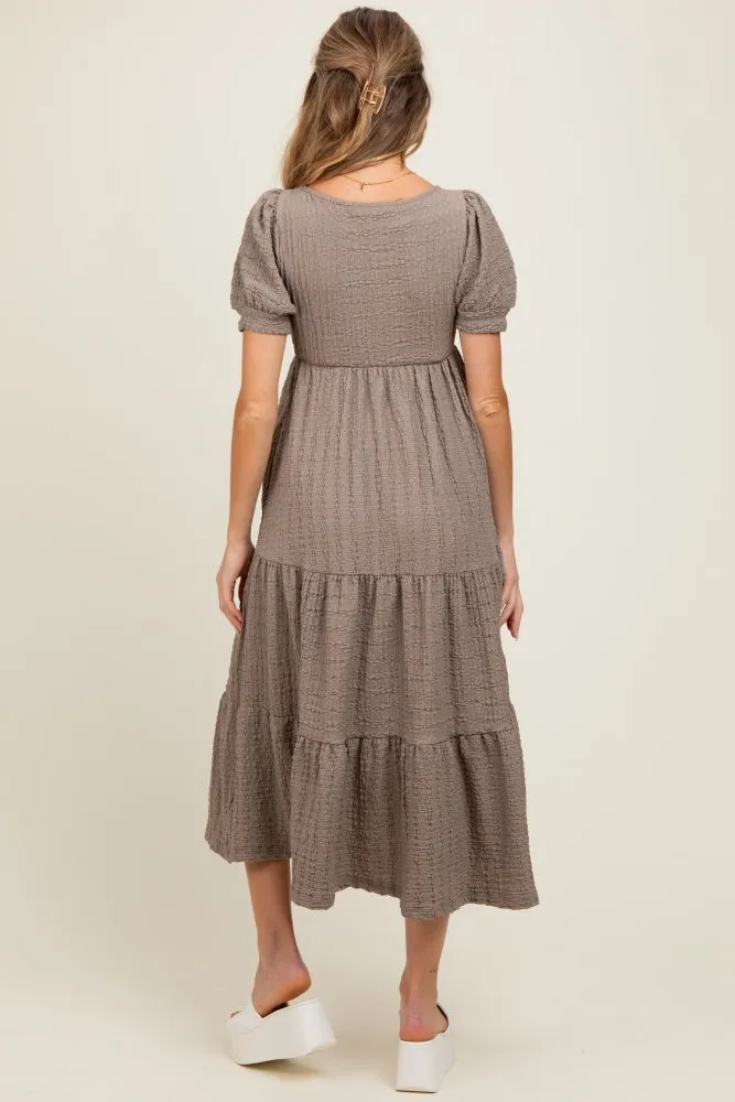 Taupe Solid Textured Tiered Shirt Sleeve Maternity Maxi Dress sold by Pinkblush product image thumbnail 2