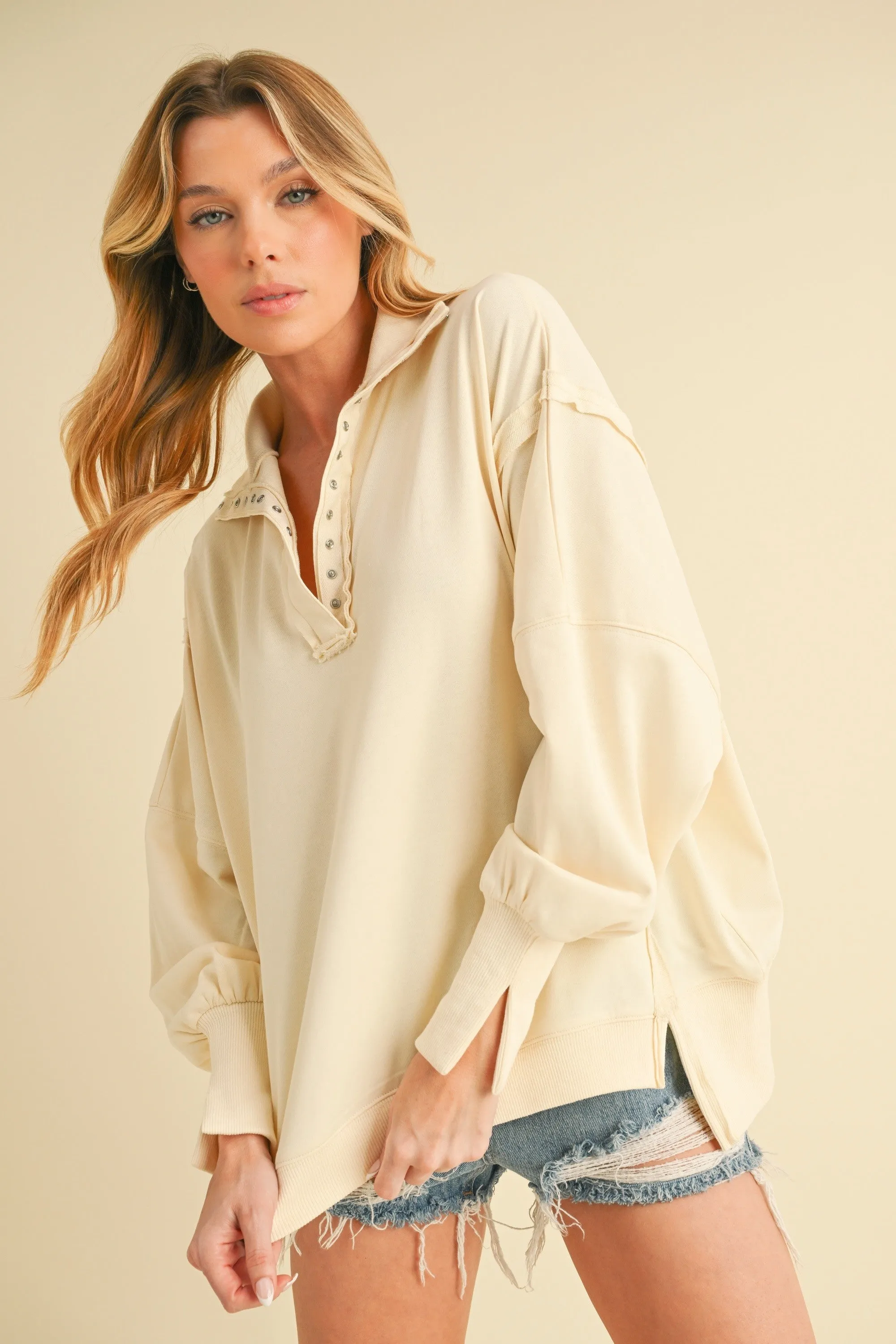 Cream Snap Button Pullover Henley Sweatshirt sold by Pinkblush