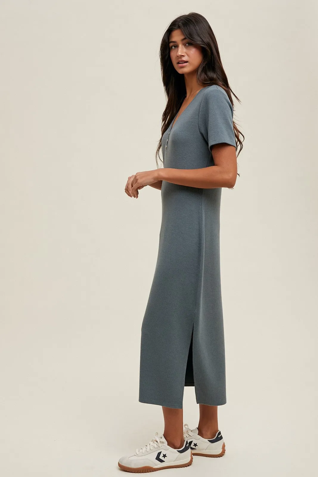 Teal Ribbed Button Detail Midi Dress sold by Pinkblush product image thumbnail 3
