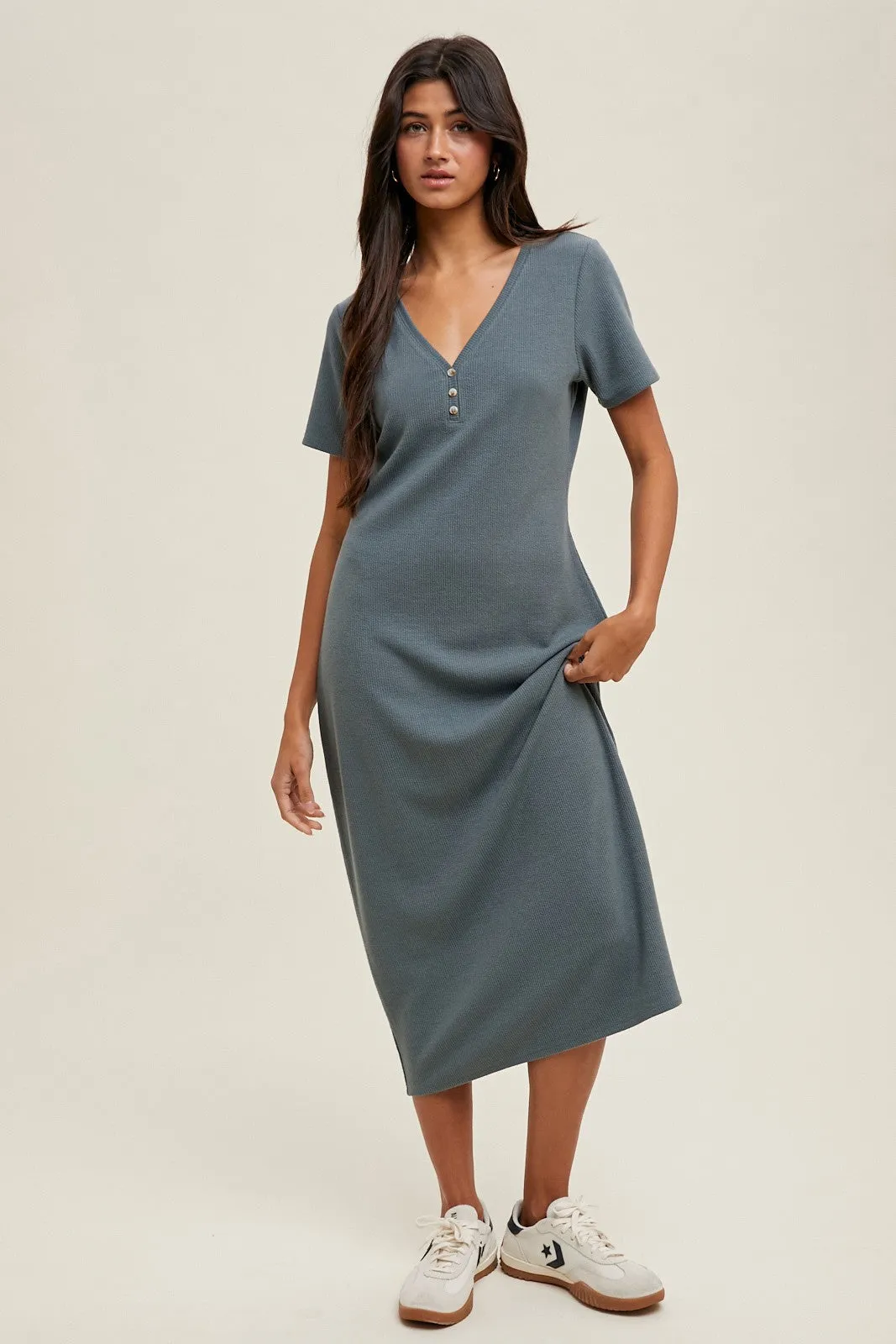 Teal Ribbed Button Detail Midi Dress sold by Pinkblush