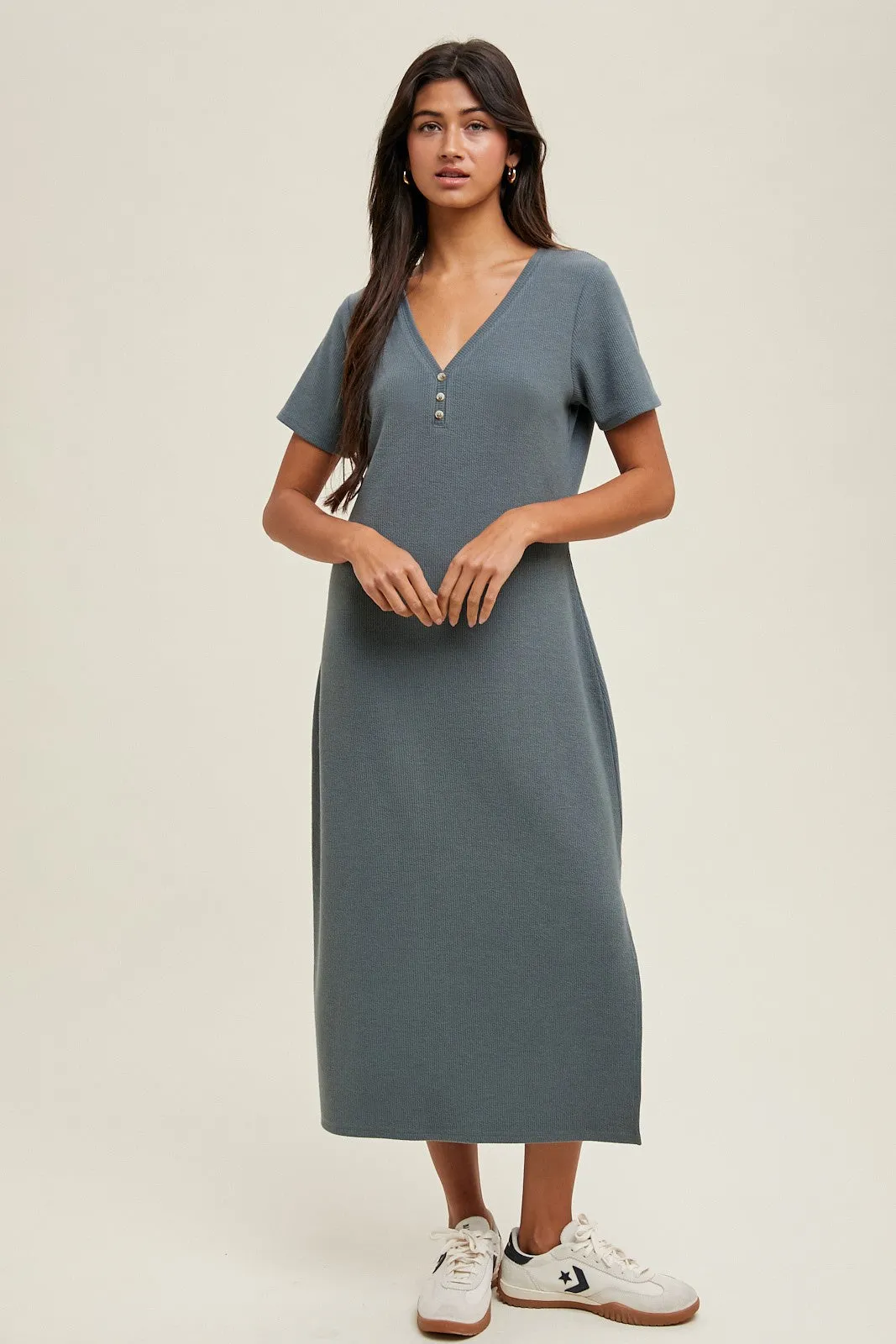 Teal Ribbed Button Detail Midi Dress sold by Pinkblush product image thumbnail 2