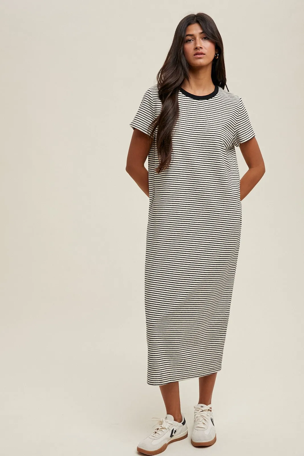 Black Striped Short Sleeve Midi T-Shirt Dress sold by Pinkblush product image thumbnail 4