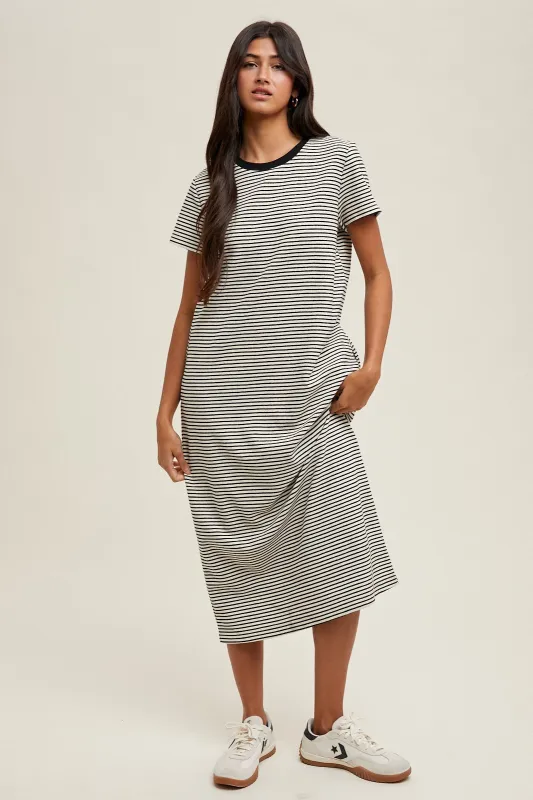 Black Striped Short Sleeve Midi T-Shirt Dress sold by Pinkblush