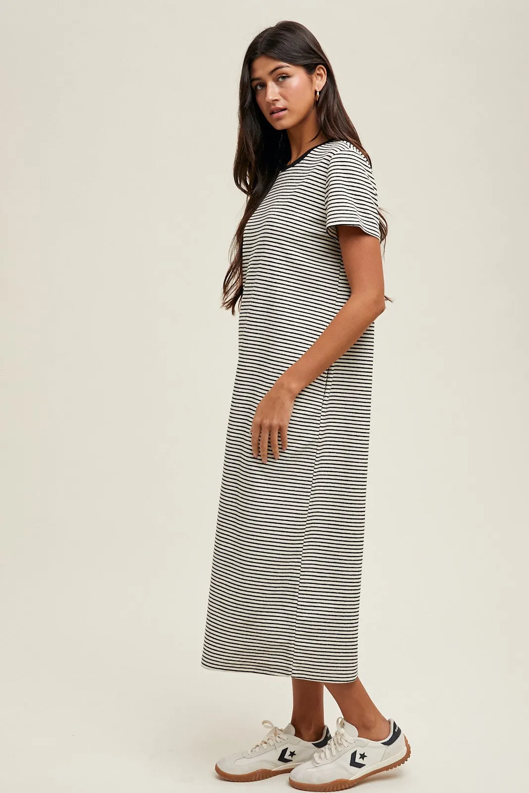 Black Striped Short Sleeve Midi T-Shirt Dress sold by Pinkblush product image thumbnail 2