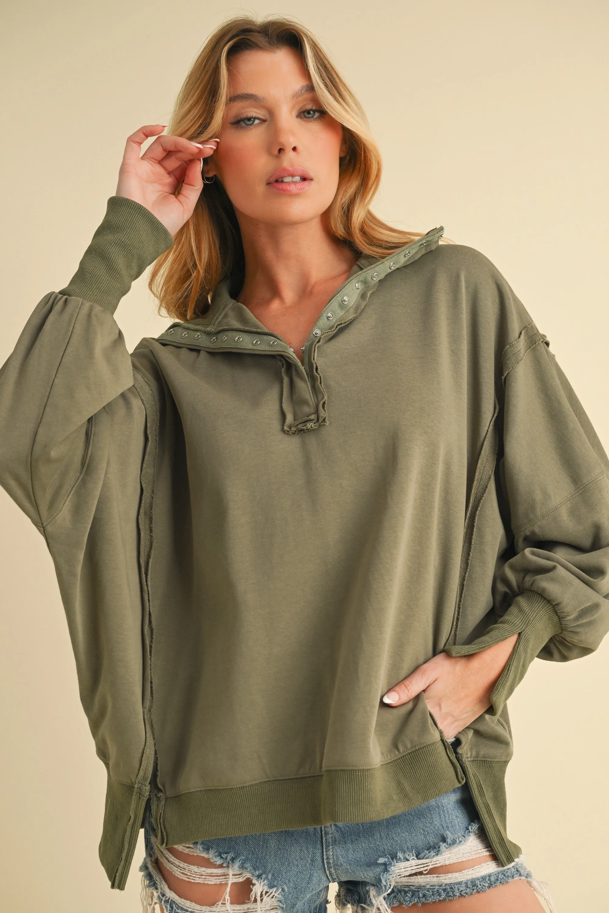 Olive Snap Button Pullover Henley Sweatshirt sold by Pinkblush product image thumbnail 2