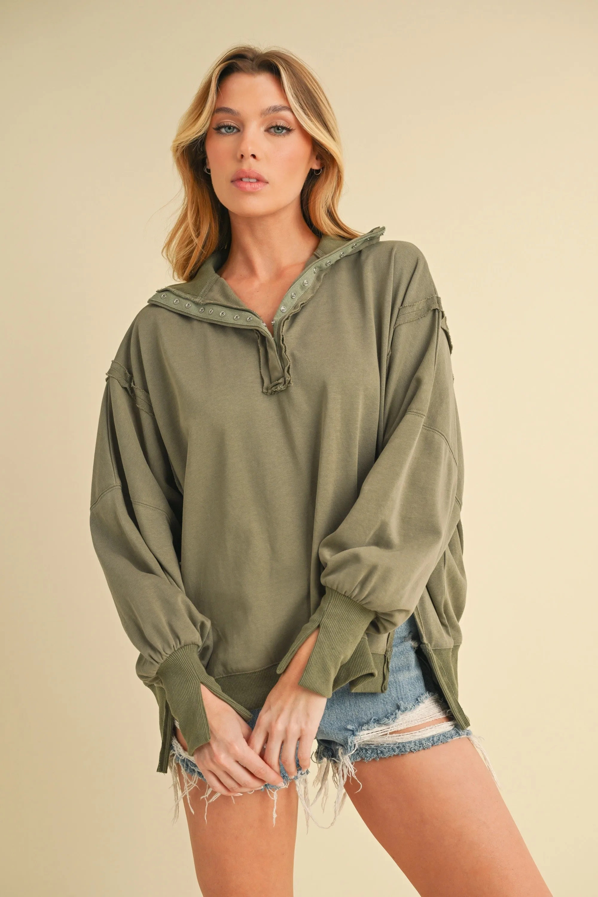 Olive Snap Button Pullover Henley Sweatshirt sold by Pinkblush product image thumbnail 3
