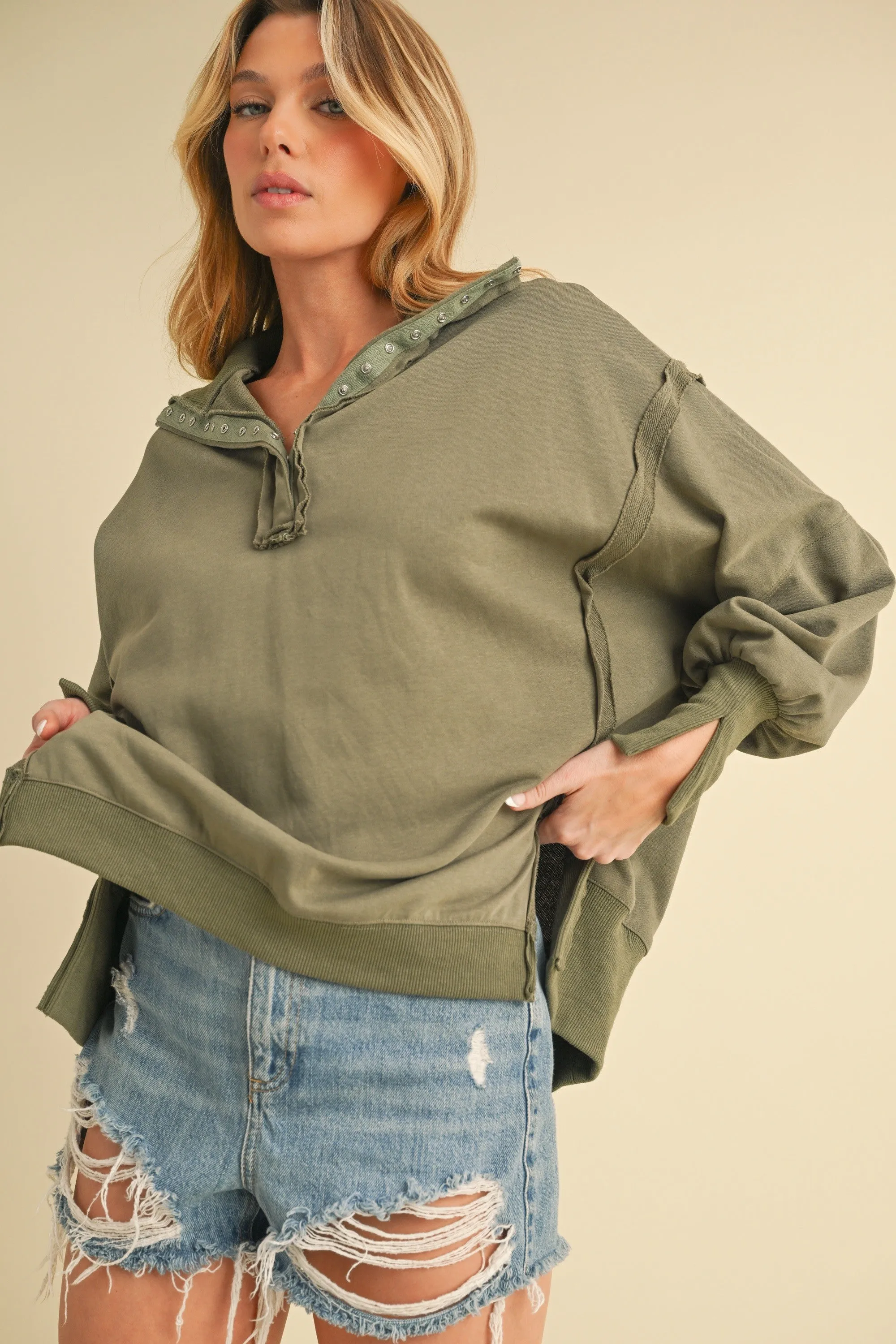 Olive Snap Button Pullover Henley Sweatshirt sold by Pinkblush product image thumbnail 4