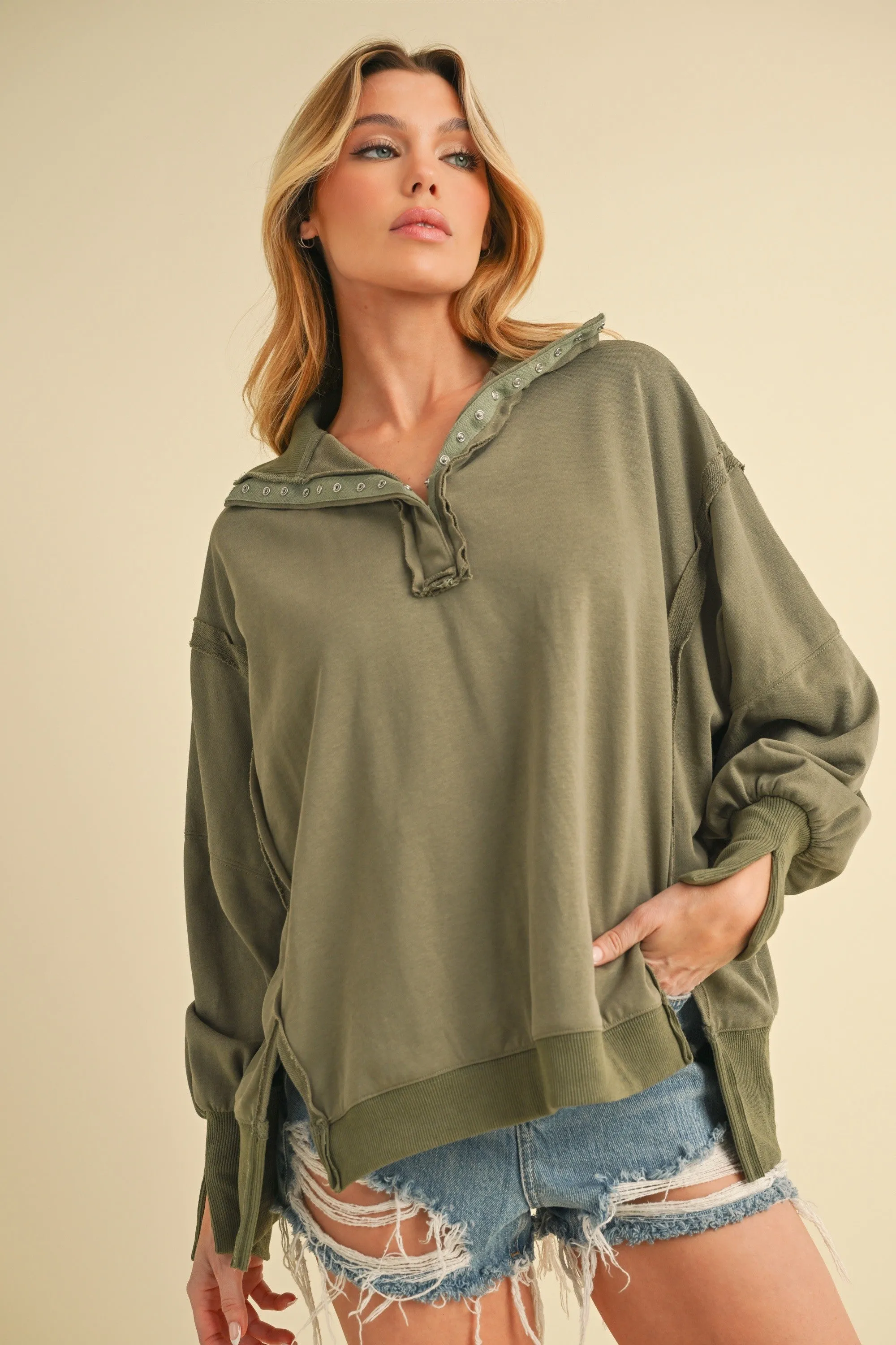 Olive Snap Button Pullover Henley Sweatshirt sold by Pinkblush