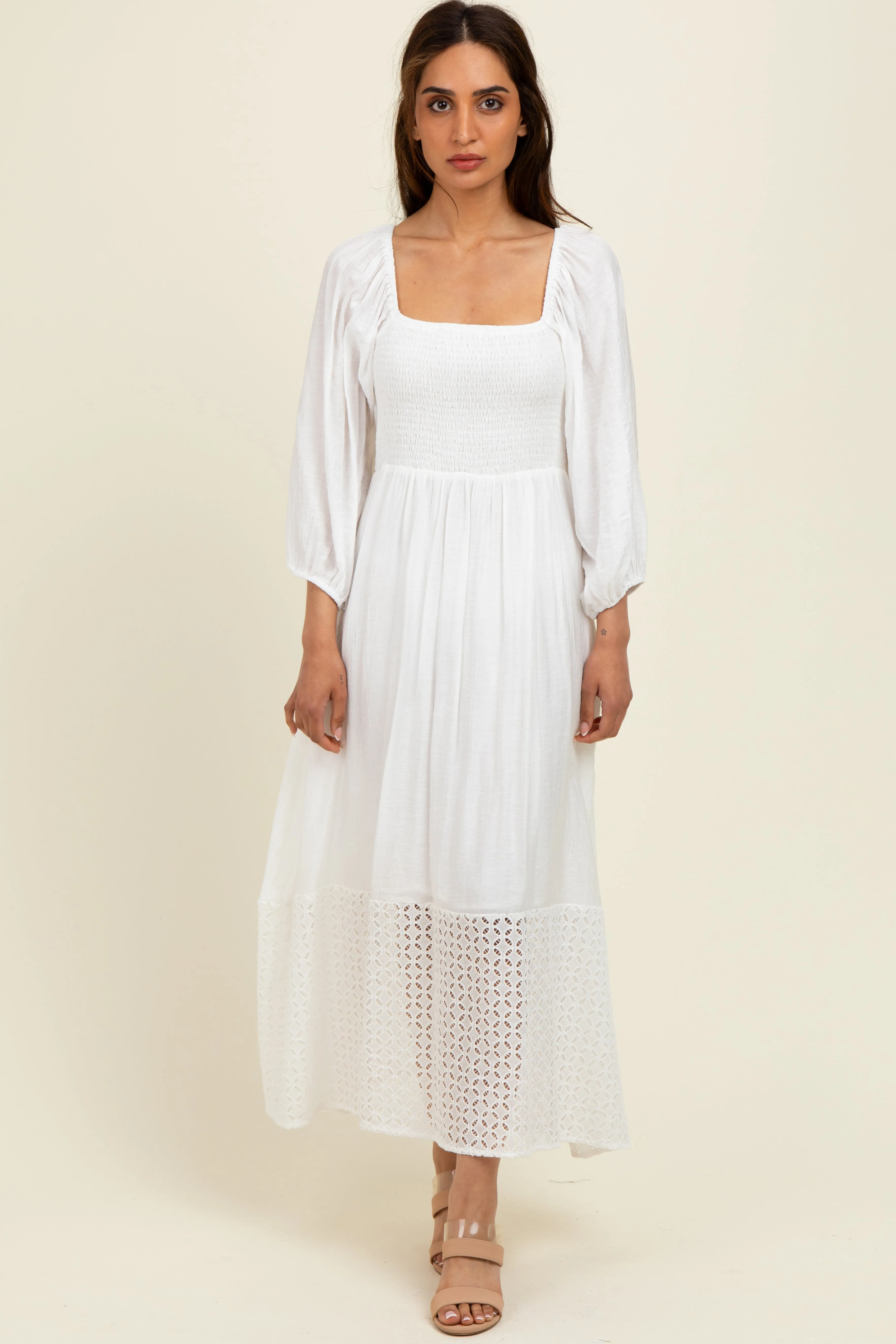 White Eyelet Contrast Smocked Bubble Sleeve Midi Dress sold by Pinkblush product image thumbnail 3