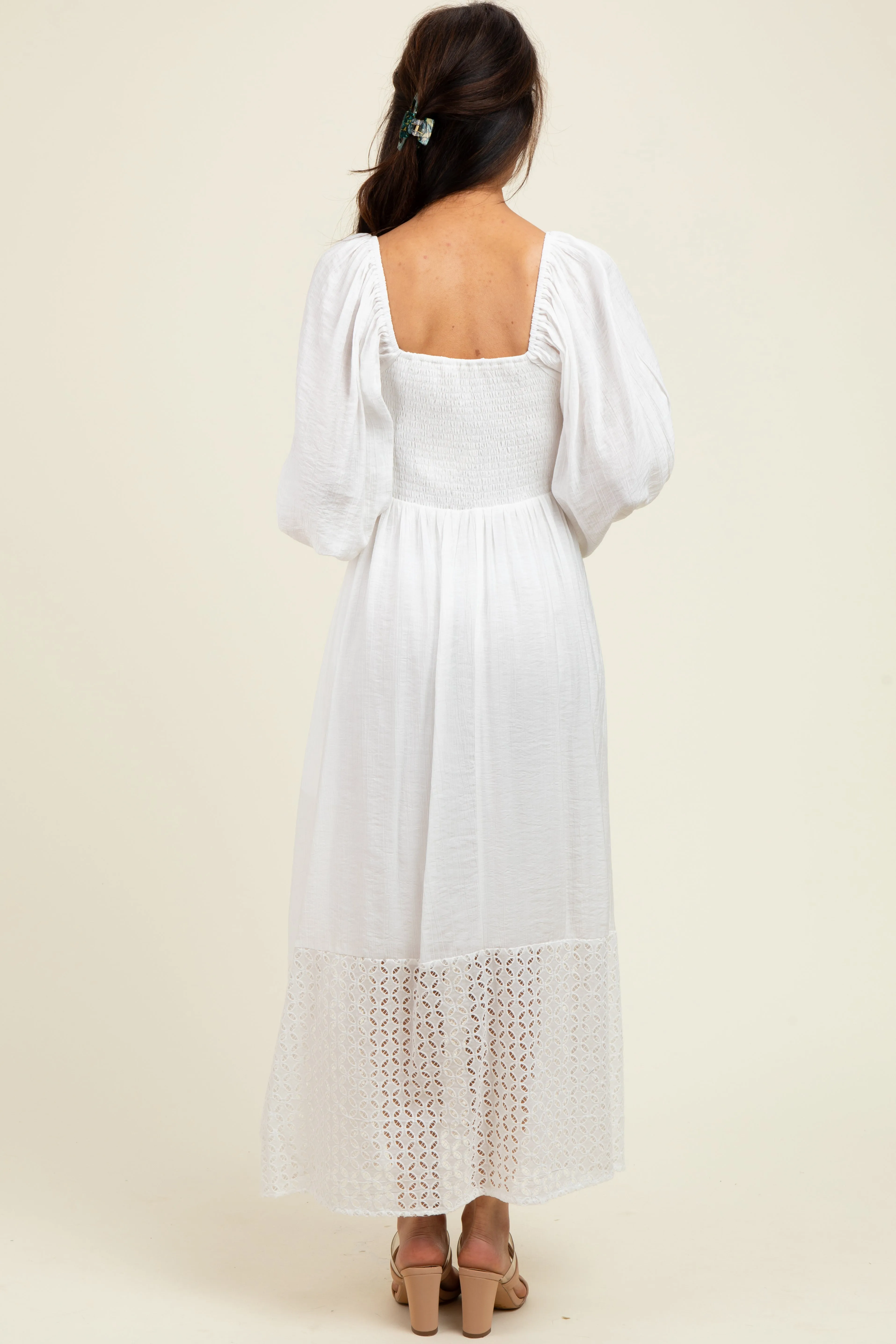 White Eyelet Contrast Smocked Bubble Sleeve Midi Dress sold by Pinkblush product image thumbnail 4