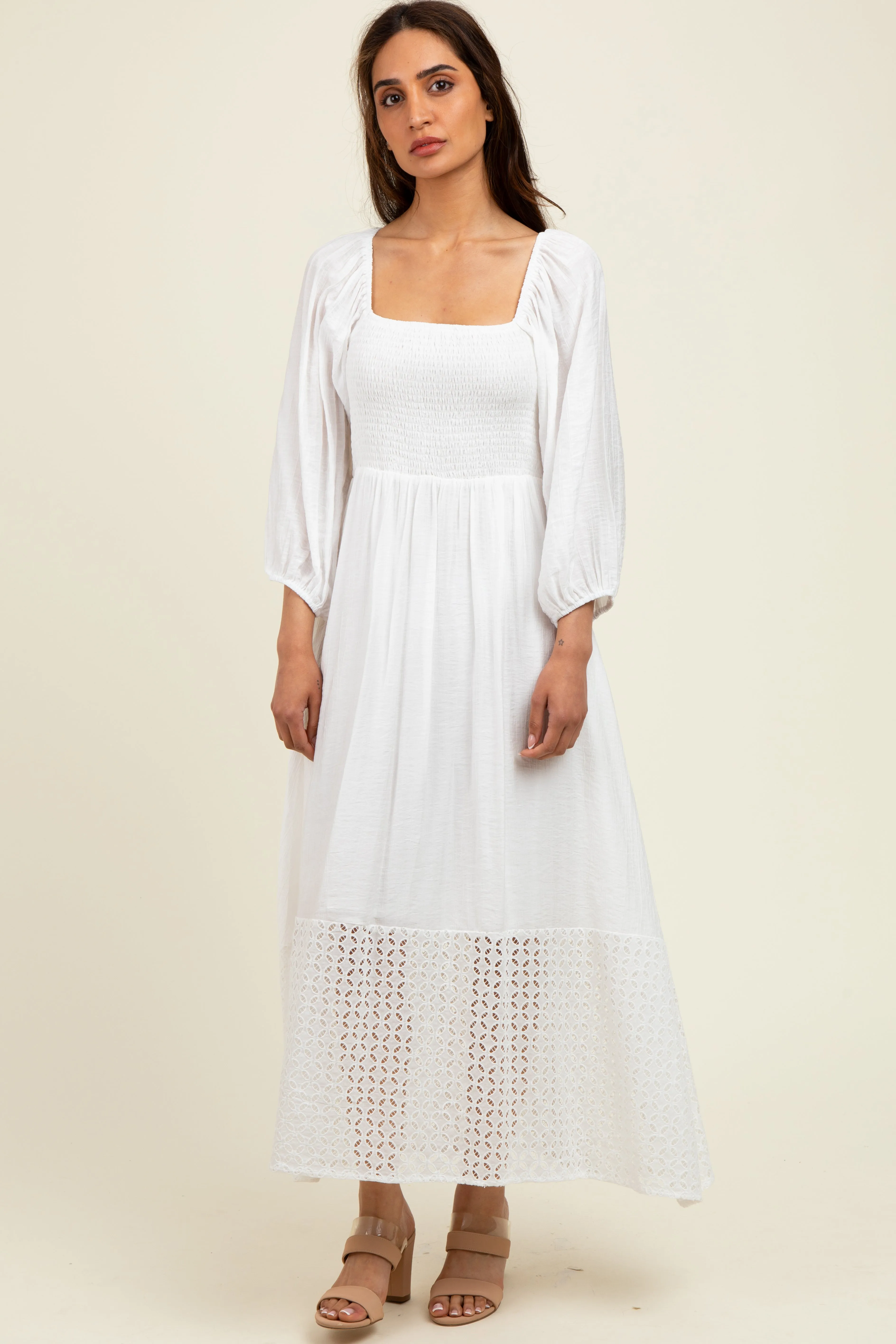 White Eyelet Contrast Smocked Bubble Sleeve Midi Dress sold by Pinkblush product image thumbnail 2