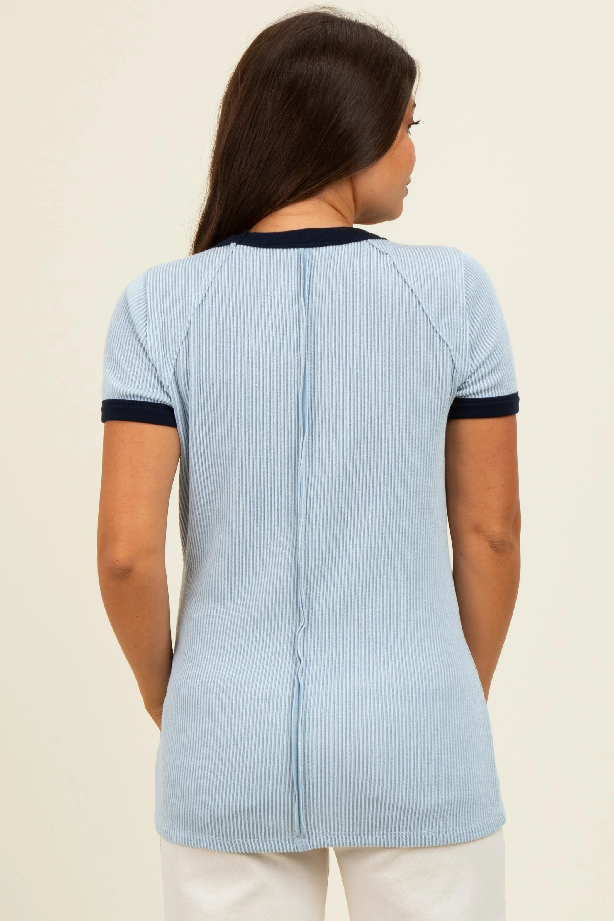 Light Blue/Navy Ribbed Short Contrast Sleeve Maternity Top sold by Pinkblush product image thumbnail 4