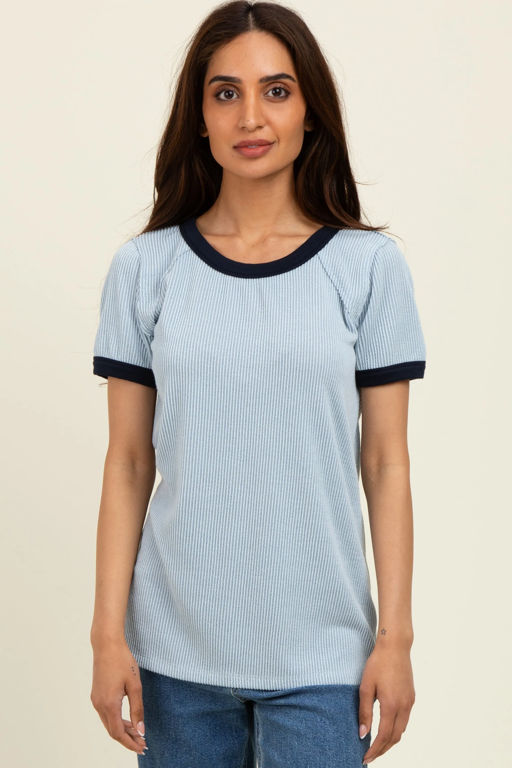 Light Blue/Navy Ribbed Short Contrast Sleeve Maternity Top sold by Pinkblush product image thumbnail 5