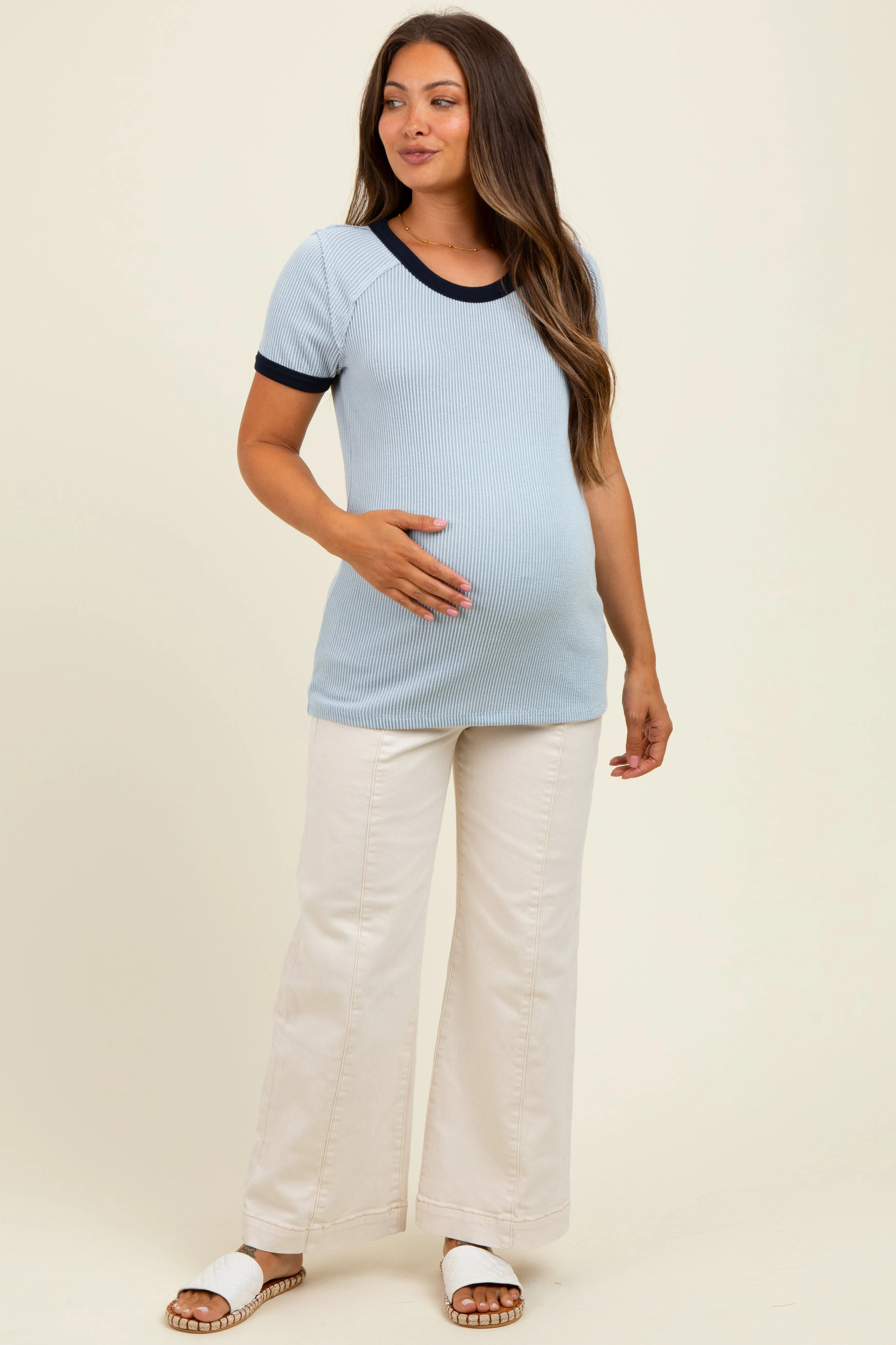 Light Blue/Navy Ribbed Short Contrast Sleeve Maternity Top sold by Pinkblush product image thumbnail 2
