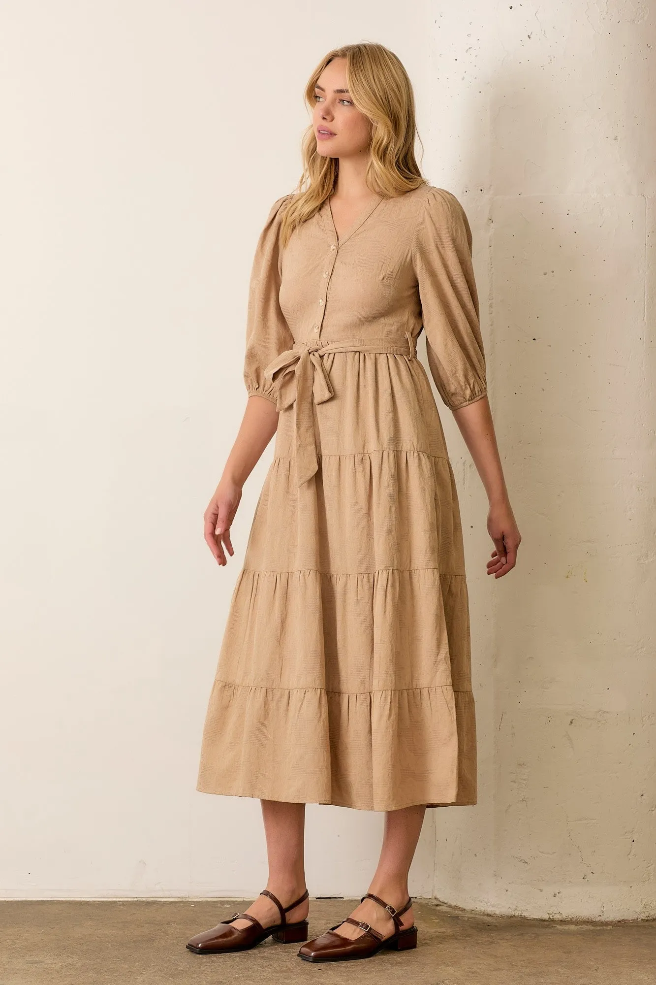 Taupe Floral Jacquard Button Front Tiered Dress sold by Pinkblush product image thumbnail 3