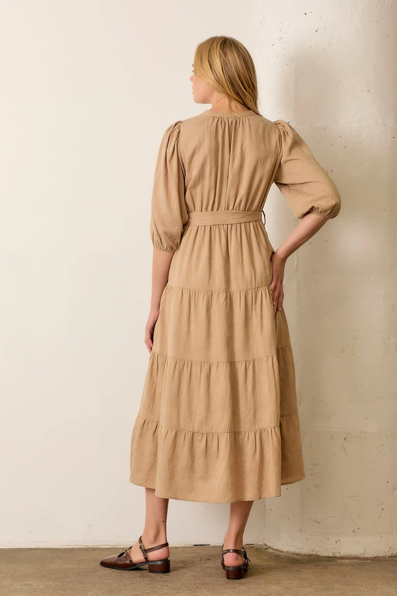 Taupe Floral Jacquard Button Front Tiered Dress sold by Pinkblush product image thumbnail 4
