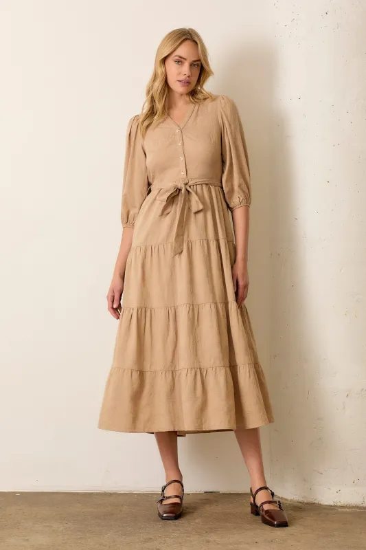 Taupe Floral Jacquard Button Front Tiered Dress sold by Pinkblush