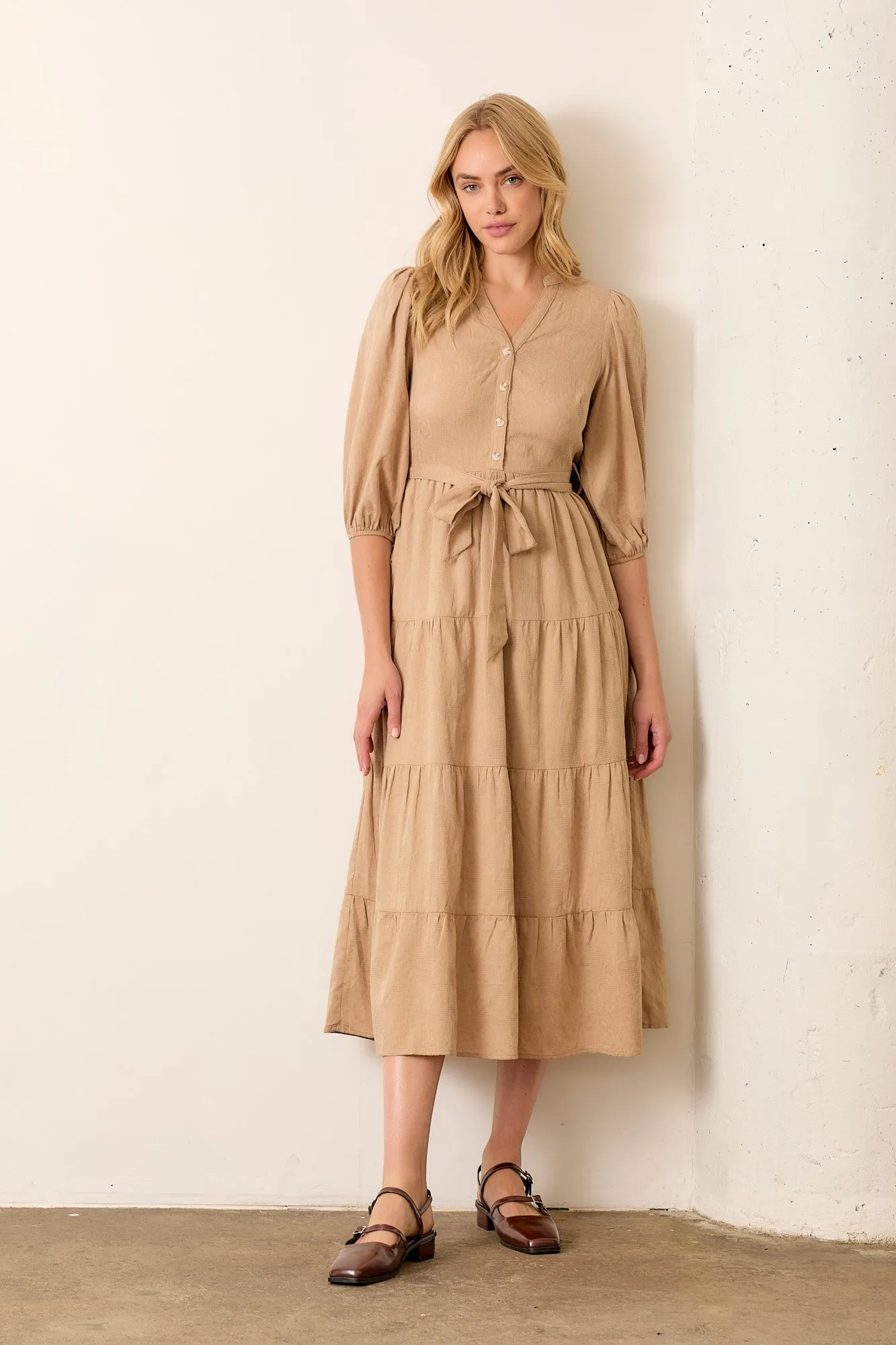 Taupe Floral Jacquard Button Front Tiered Dress sold by Pinkblush product image thumbnail 2
