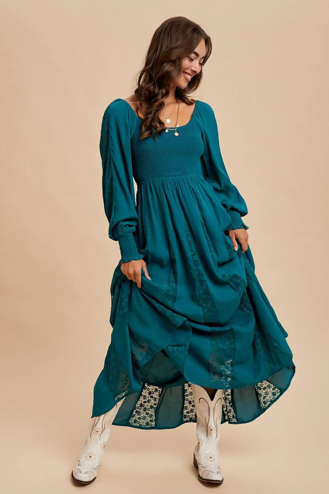 Emerald Lace Inset Smocked Maxi Dress sold by Pinkblush product image thumbnail 2
