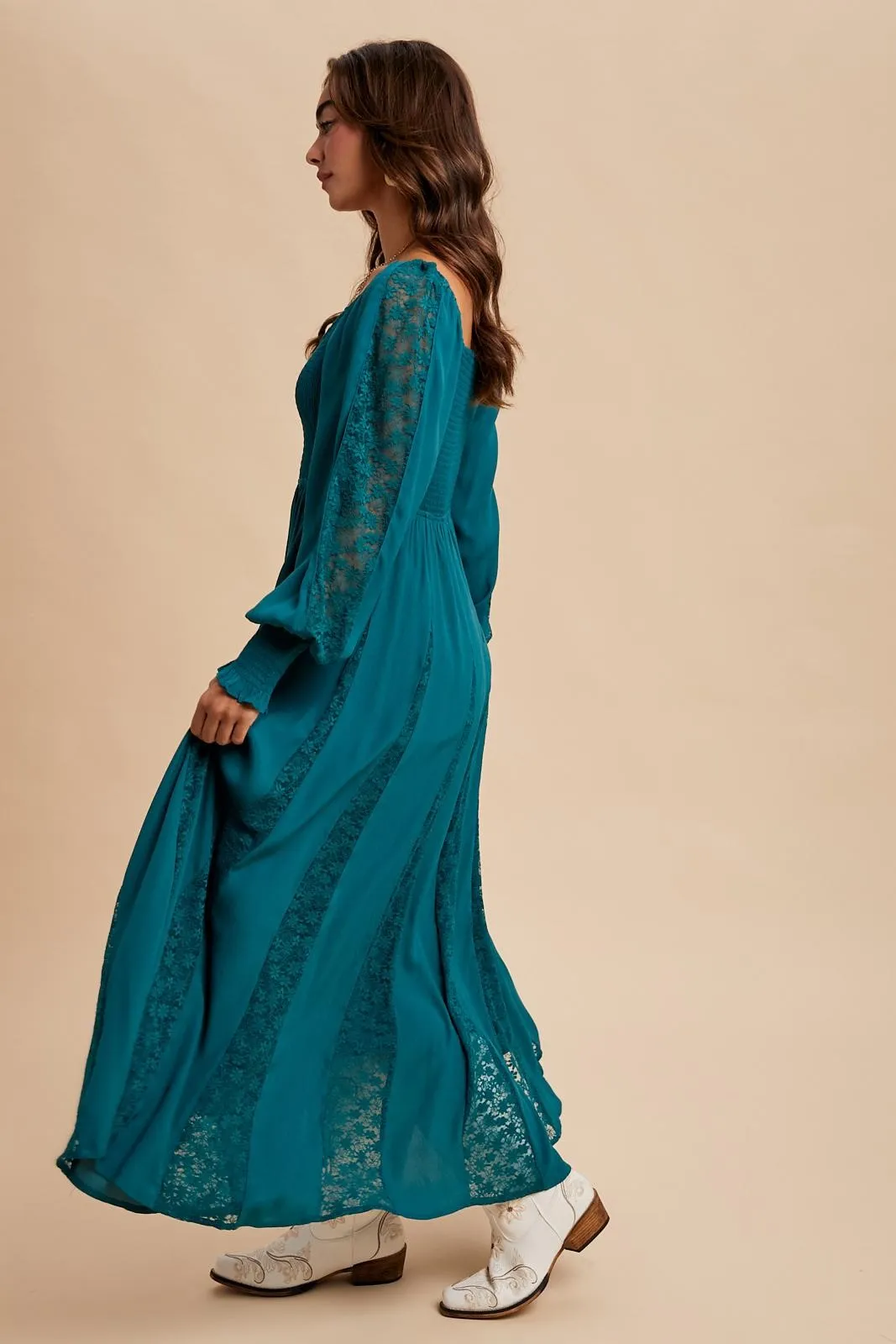 Emerald Lace Inset Smocked Maxi Dress sold by Pinkblush product image thumbnail 3