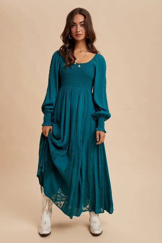 Emerald Lace Inset Smocked Maxi Dress sold by Pinkblush