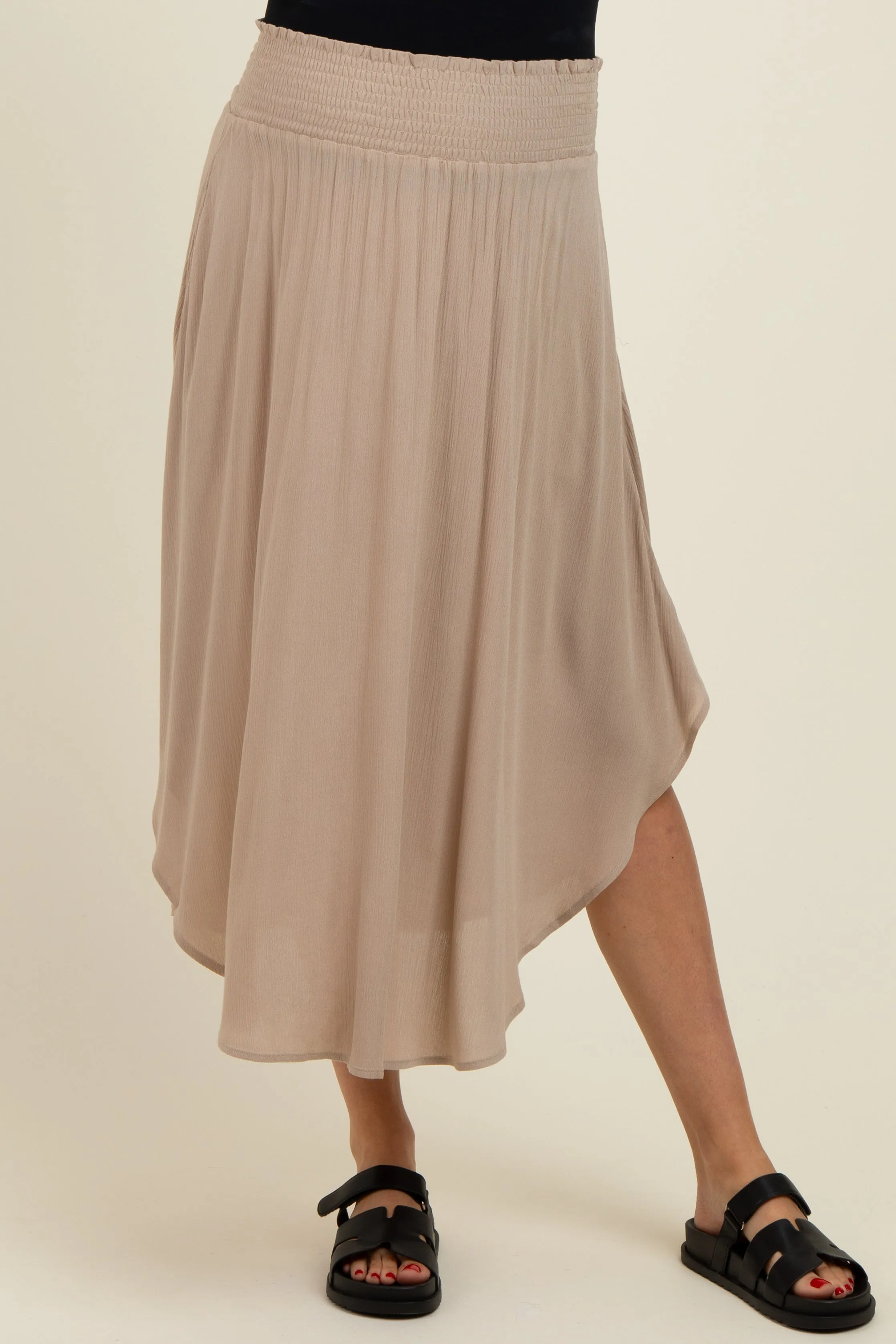 Beige Smocked Waist Rounded Hem Maternity Skirt sold by Pinkblush product image thumbnail 2