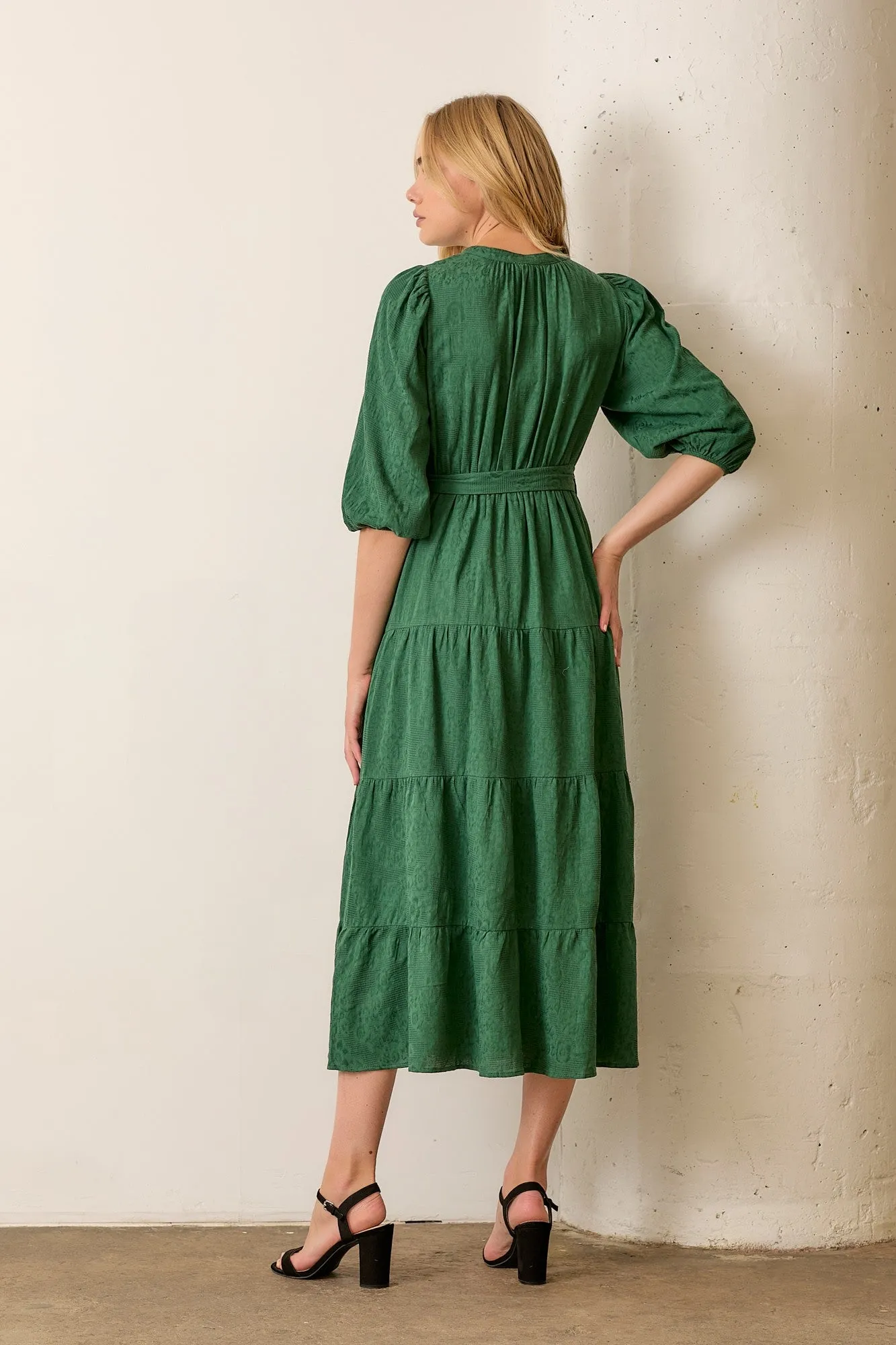 Forest Green Floral Jacquard Button Front Tiered Dress sold by Pinkblush product image thumbnail 3