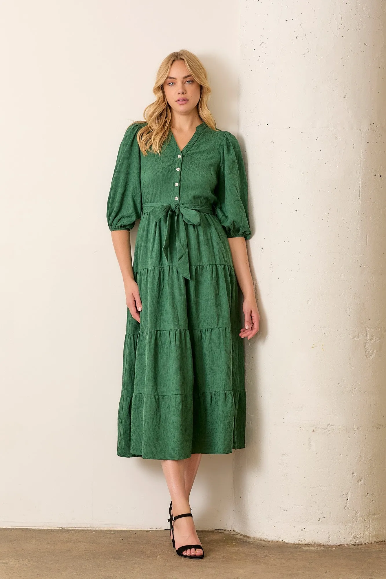 Forest Green Floral Jacquard Button Front Tiered Dress sold by Pinkblush