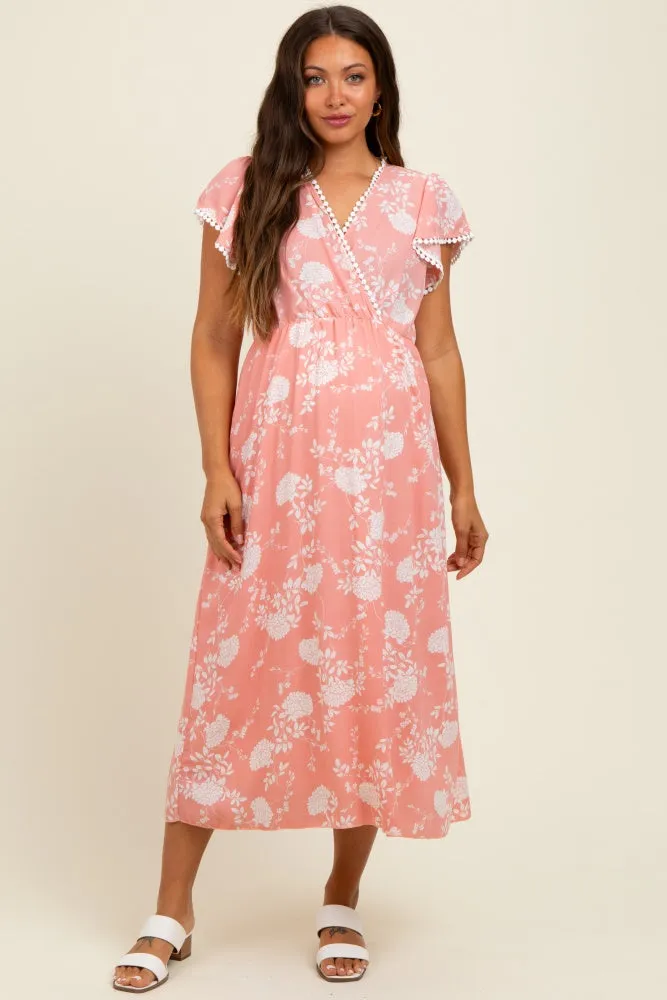 Peach Floral Crochet Trim Maternity Midi Dress sold by Pinkblush product image thumbnail 2