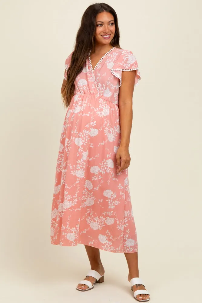 Peach Floral Crochet Trim Maternity Midi Dress sold by Pinkblush