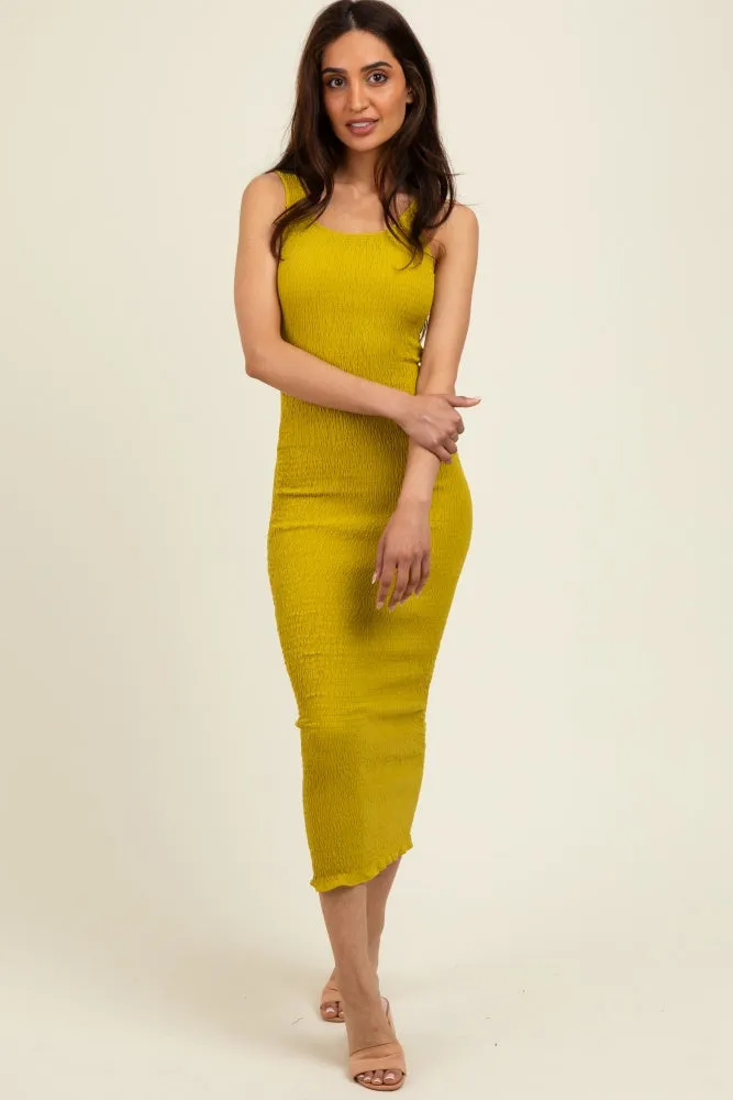 Olive Smocked Sleeveless Ruffle Hem Fitted Dress sold by Pinkblush