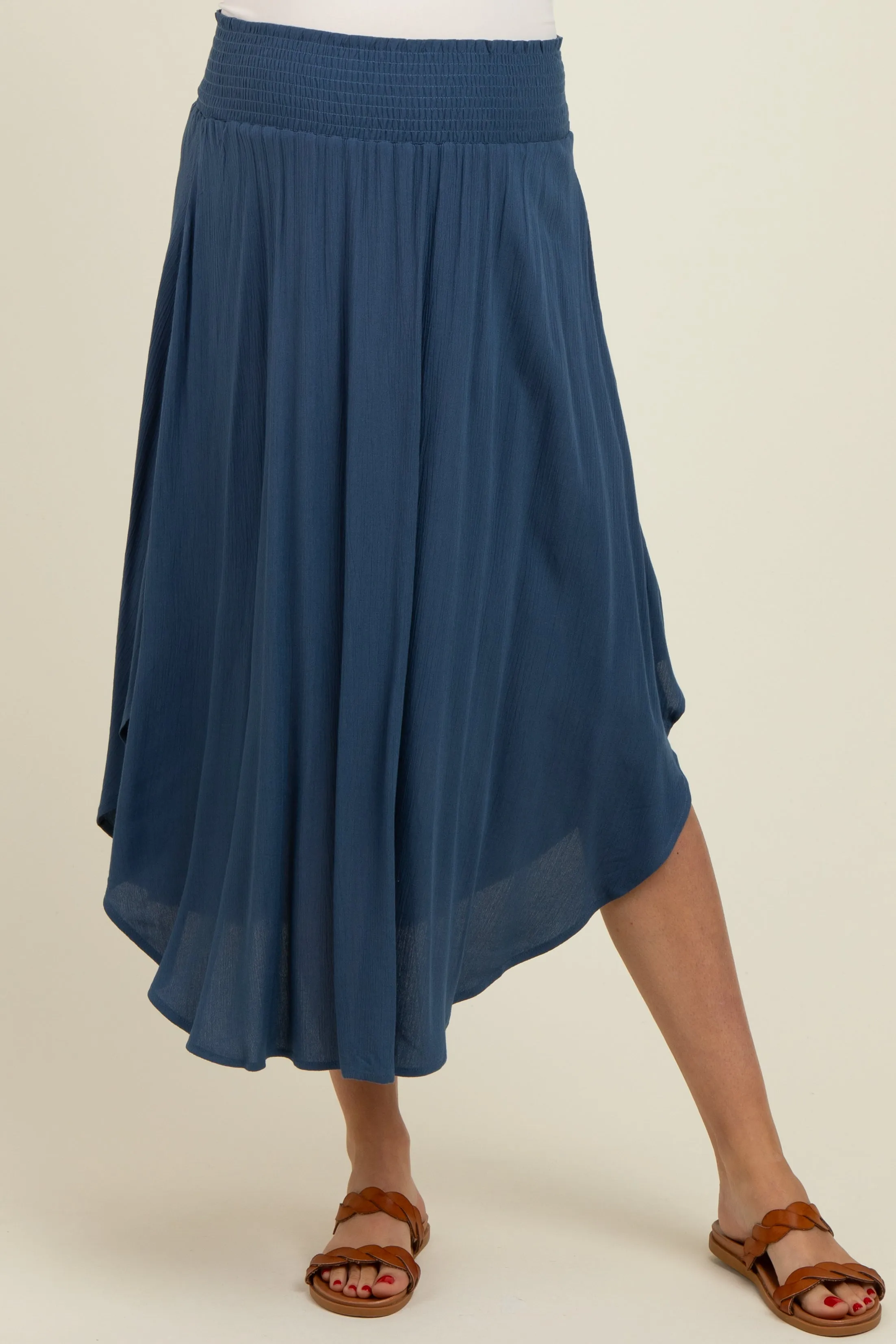 Light Navy Smocked Waist Rounded Hem Maternity Skirt sold by Pinkblush product image thumbnail 3