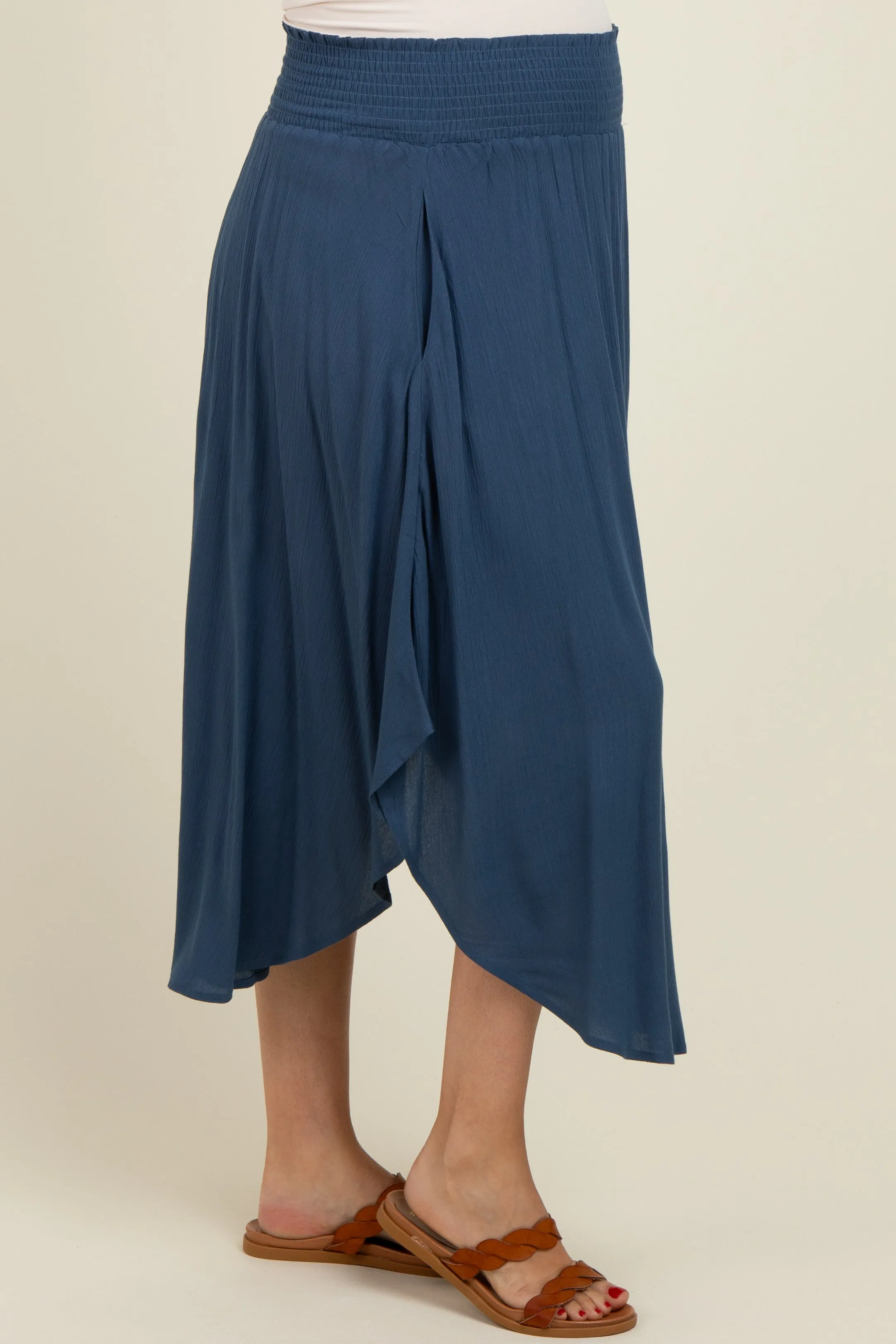 Light Navy Smocked Waist Rounded Hem Maternity Skirt sold by Pinkblush product image thumbnail 4