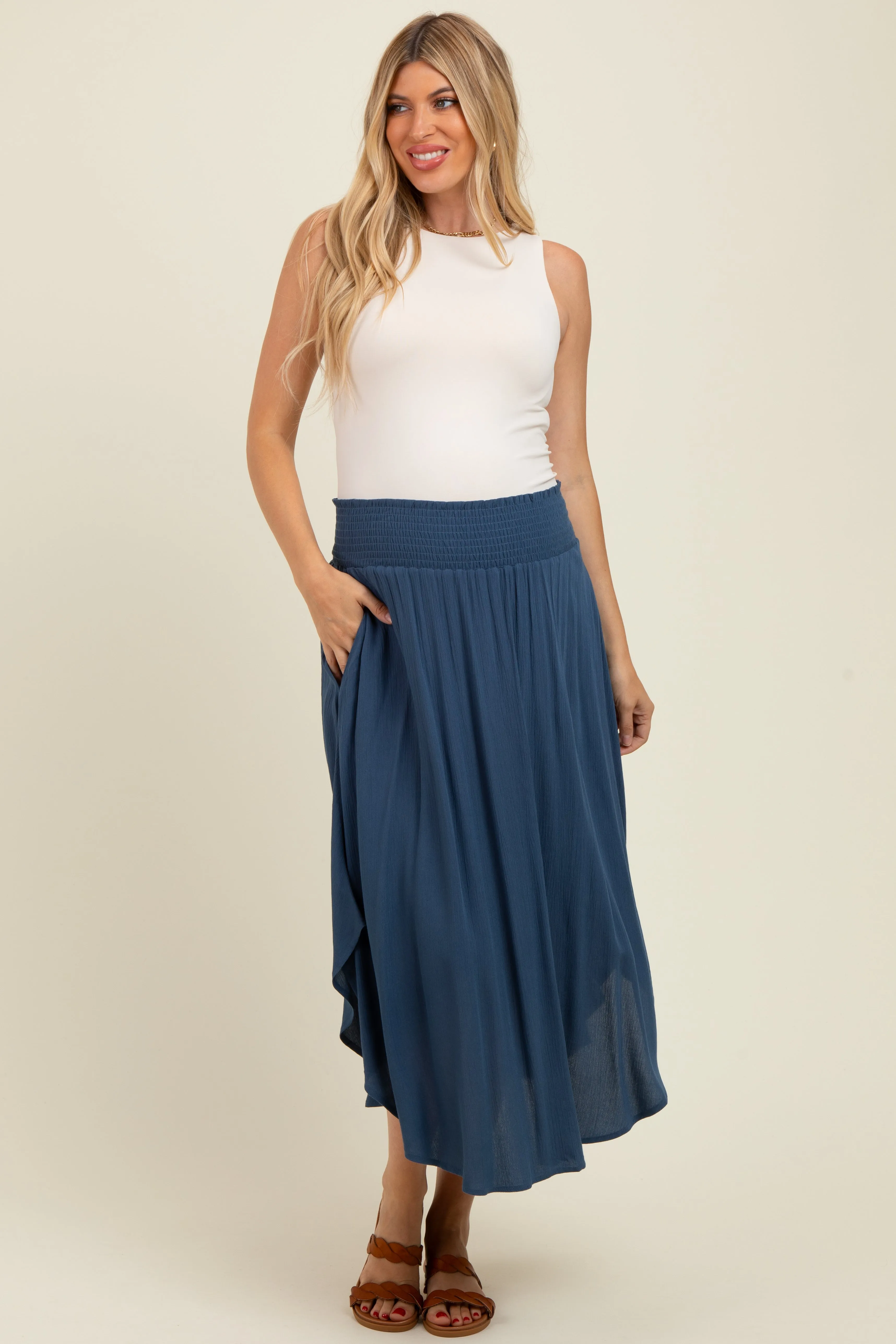 Light Navy Smocked Waist Rounded Hem Maternity Skirt sold by Pinkblush product image thumbnail 2