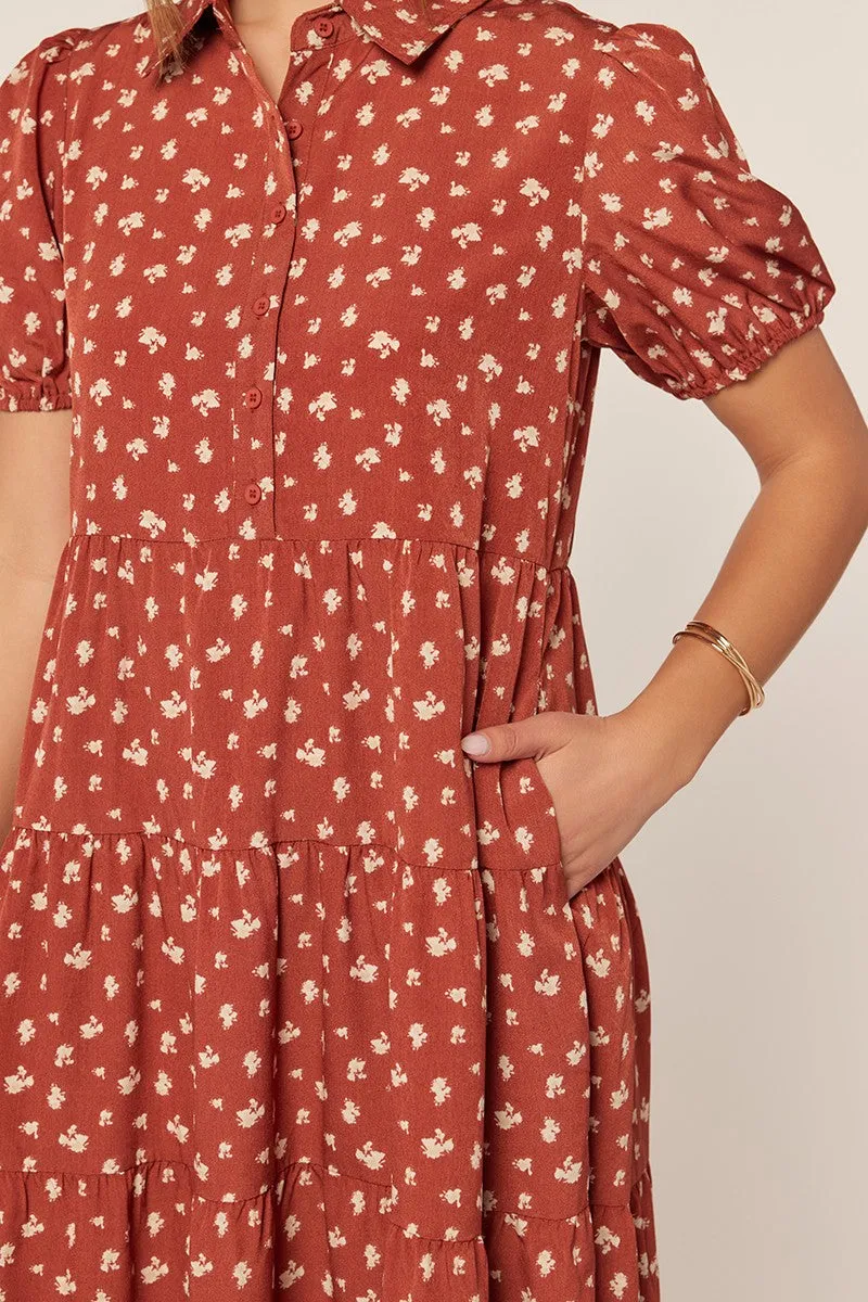 Rust Printed Button Up Tiered Midi Dress sold by Pinkblush product image thumbnail 5