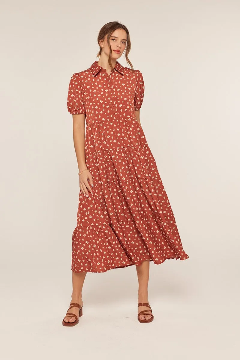 Rust Printed Button Up Tiered Midi Dress sold by Pinkblush product image thumbnail 2
