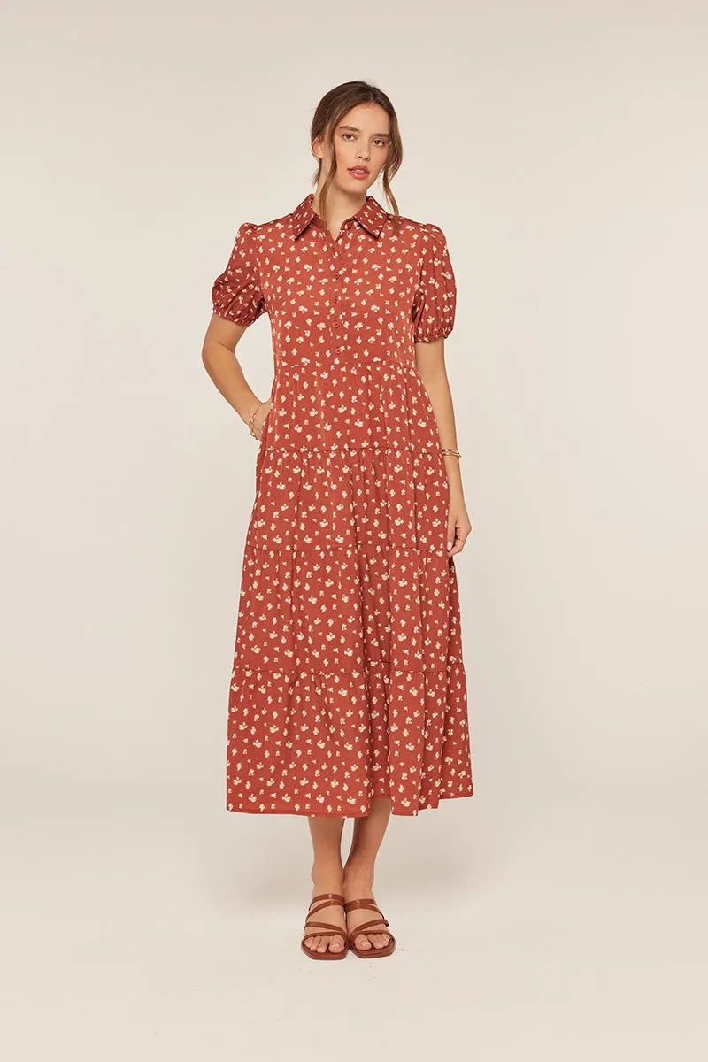 Rust Printed Button Up Tiered Midi Dress sold by Pinkblush product image thumbnail 3