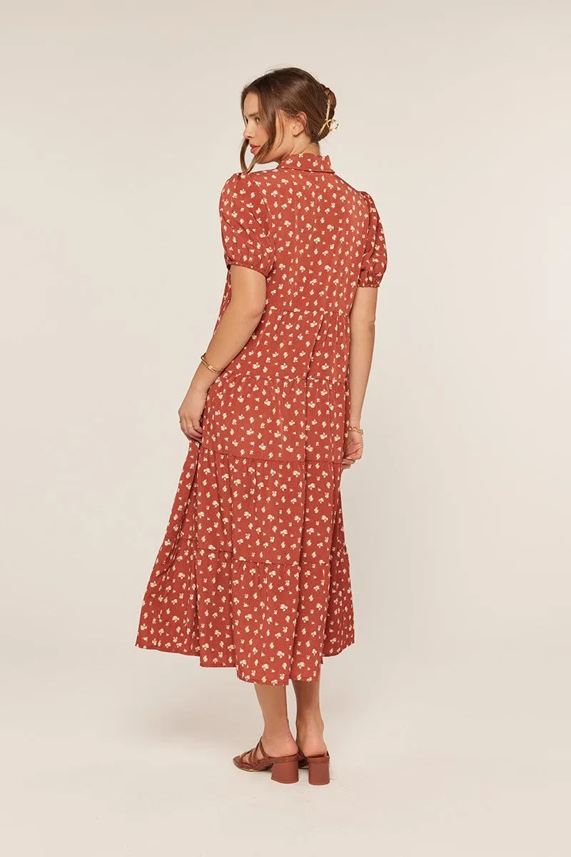 Rust Printed Button Up Tiered Midi Dress sold by Pinkblush product image thumbnail 4
