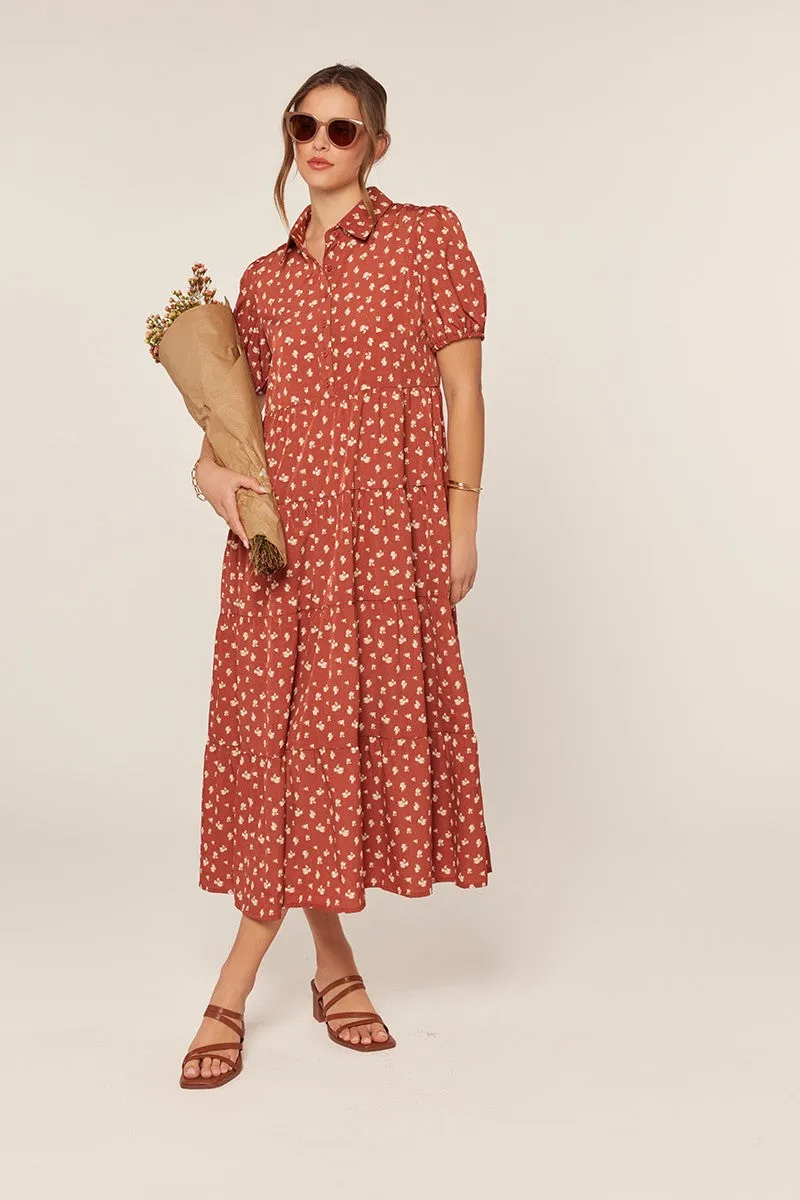 Rust Printed Button Up Tiered Midi Dress sold by Pinkblush