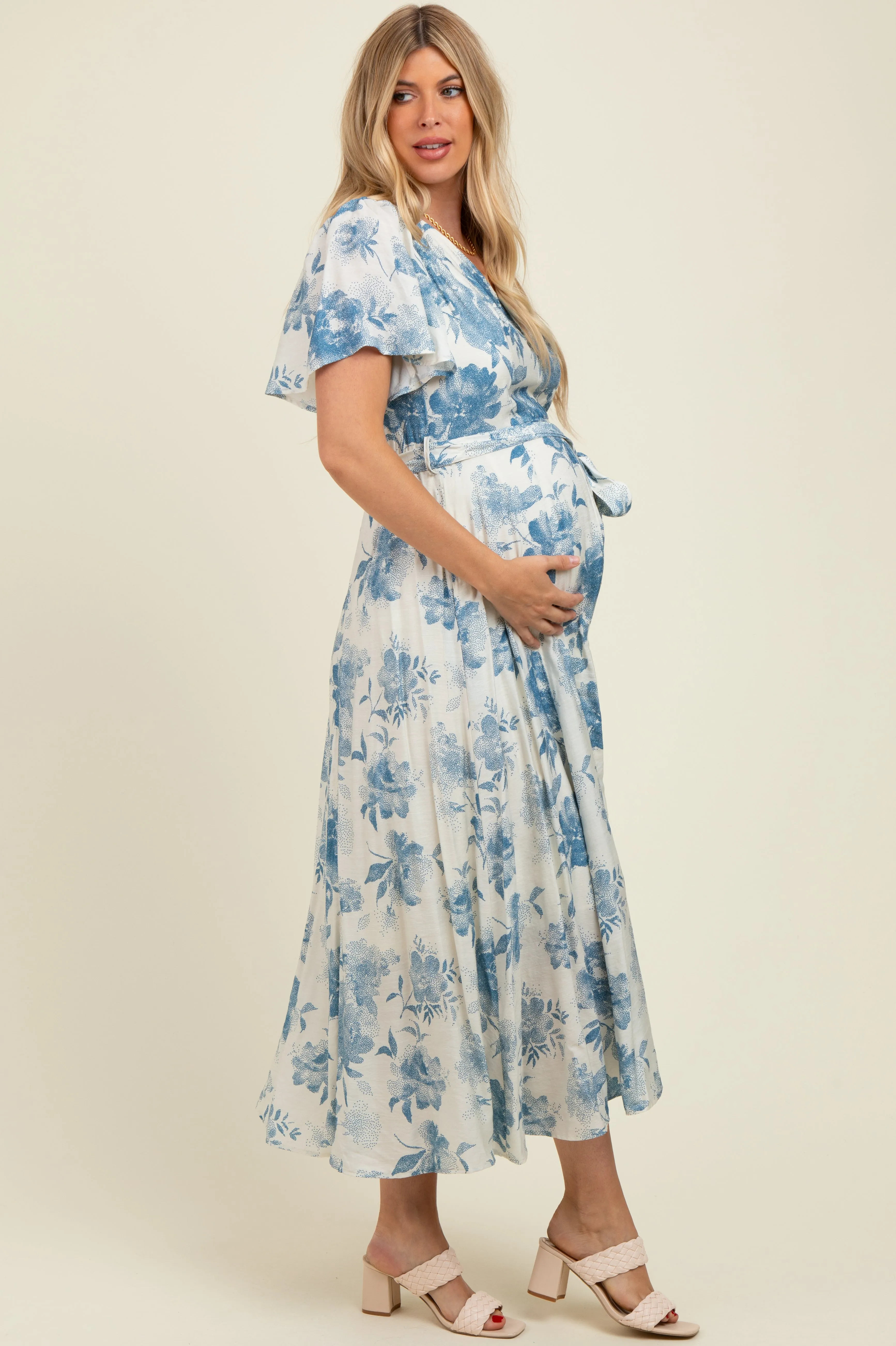 Ivory Multi Floral Flutter Sleeve Maternity Maxi Dress sold by Pinkblush product image thumbnail 3