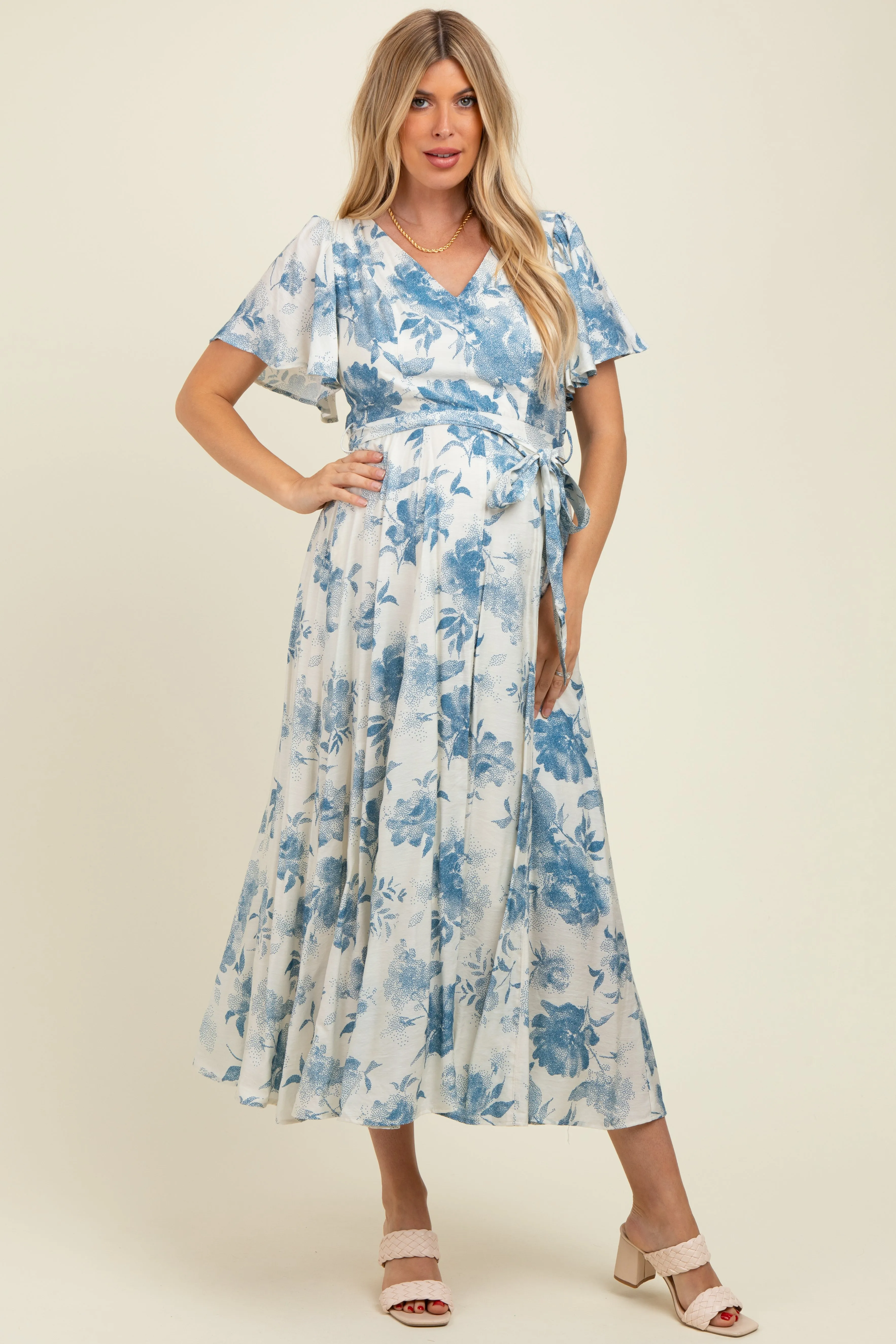 Ivory Multi Floral Flutter Sleeve Maternity Maxi Dress sold by Pinkblush