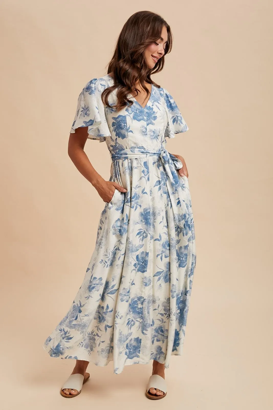 Ivory Multi Floral Flutter Sleeve Maternity Maxi Dress sold by Pinkblush product image thumbnail 5