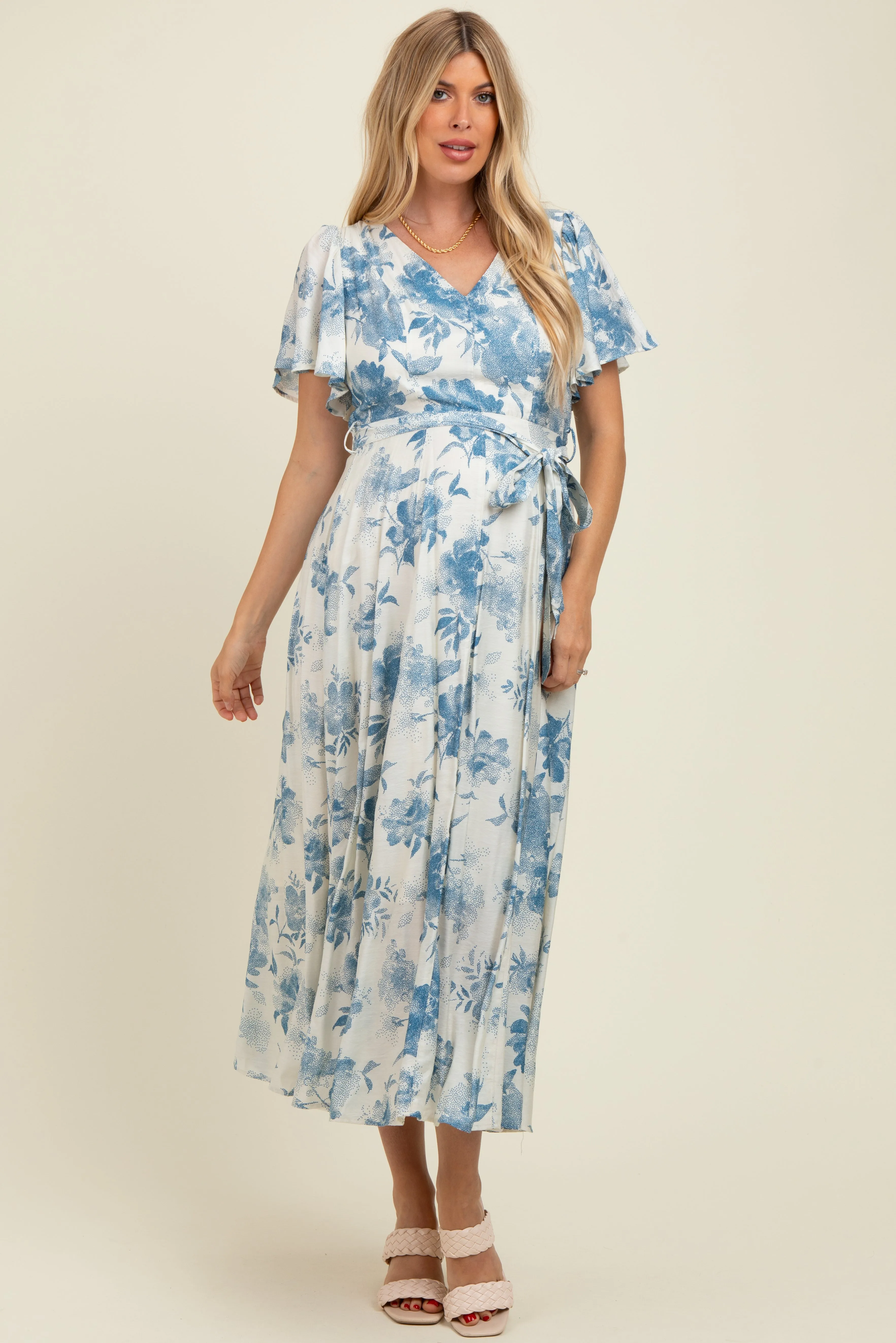 Ivory Multi Floral Flutter Sleeve Maternity Maxi Dress sold by Pinkblush product image thumbnail 2