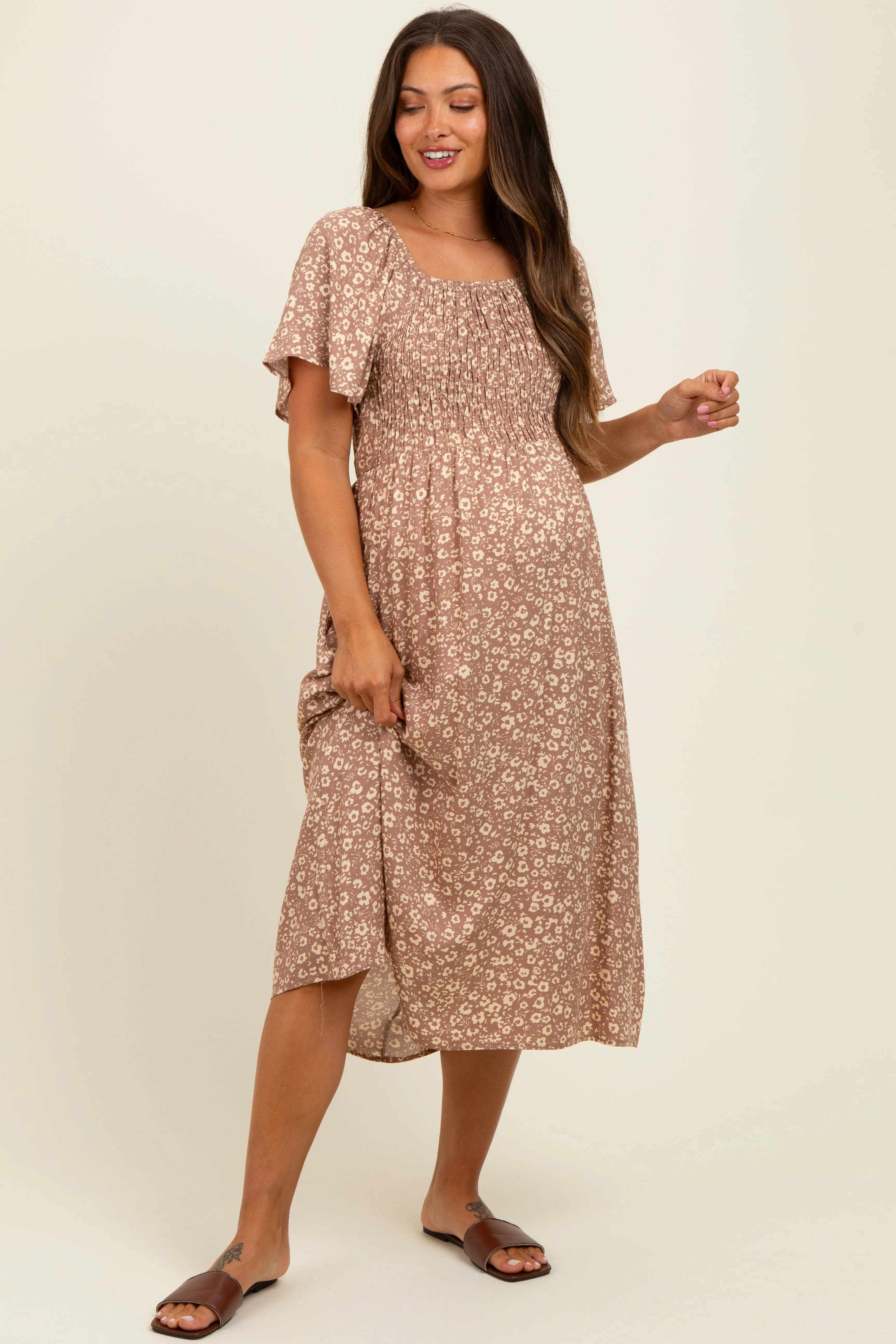 Mocha Printed Maternity Dress With Pockets sold by Pinkblush