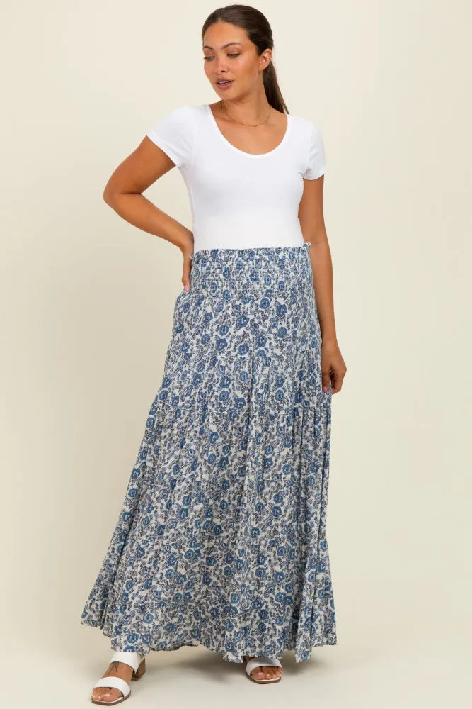 Blue Floral Smocked Waist Tiered Maternity Maxi Skirt sold by Pinkblush