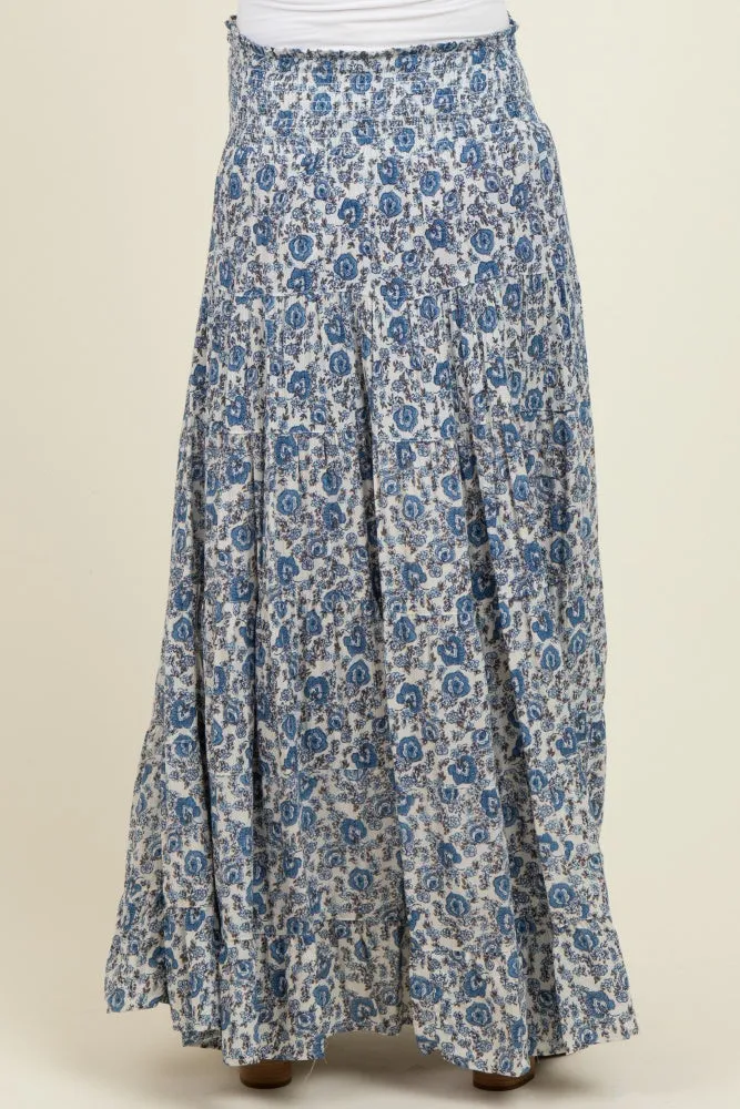 Blue Floral Smocked Waist Tiered Maternity Maxi Skirt sold by Pinkblush product image thumbnail 5