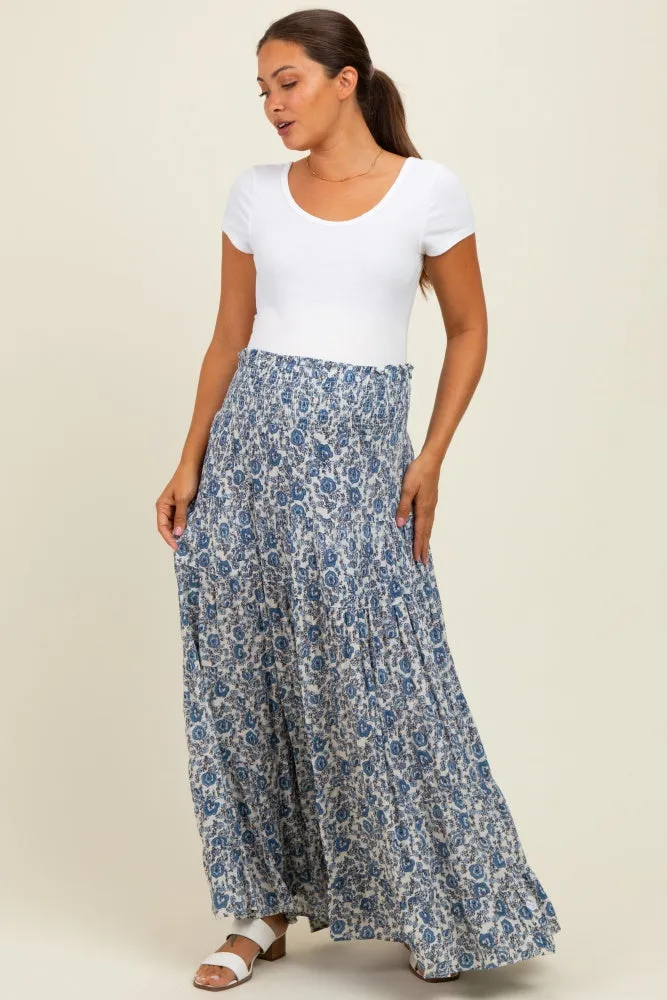 Blue Floral Smocked Waist Tiered Maternity Maxi Skirt sold by Pinkblush product image thumbnail 2